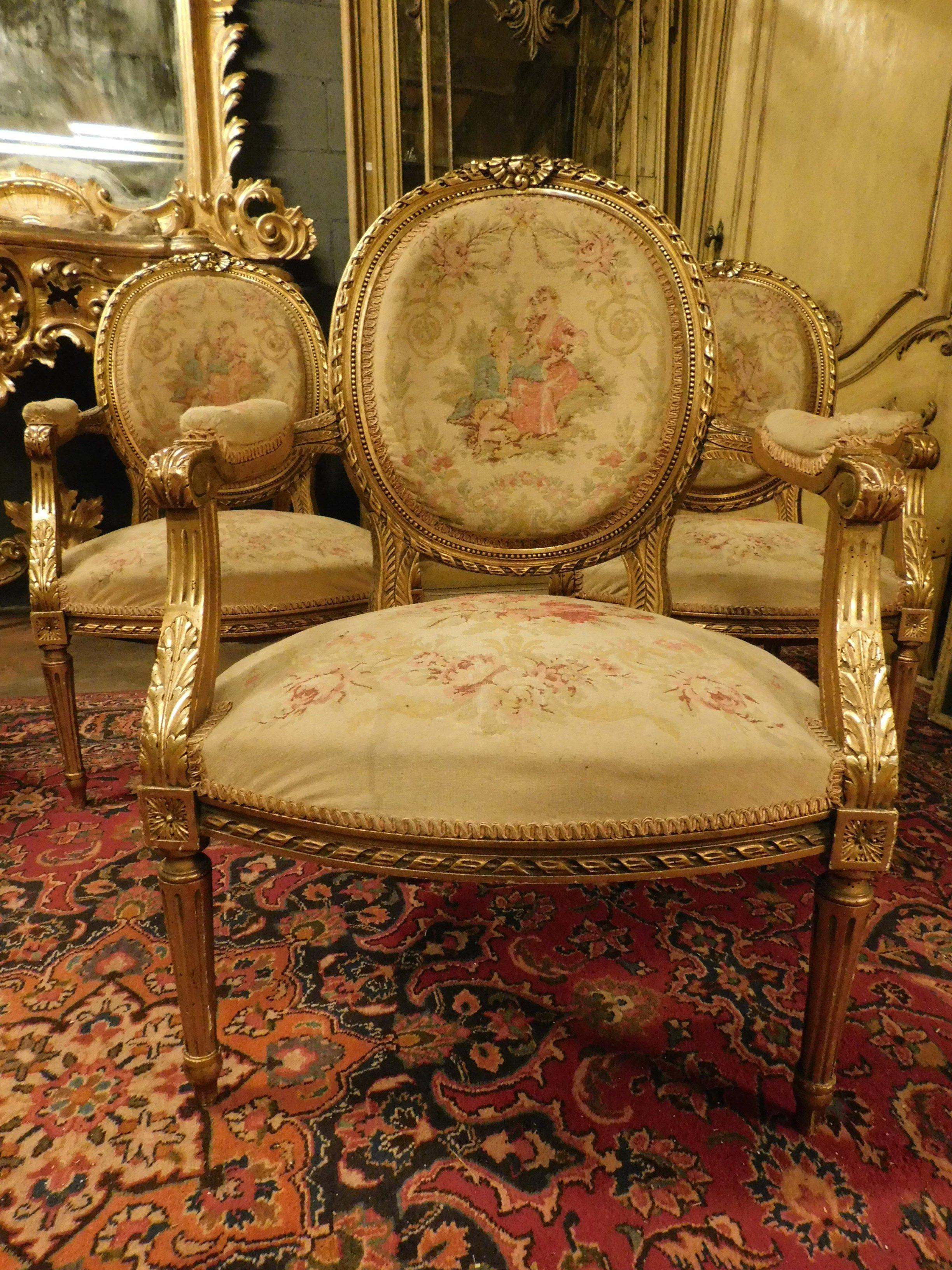 Antikes Wohnzimmer, vier Sessel und Sofa, vergoldetes Holz, 19. Jahrhundert, Frankreich im Angebot 4