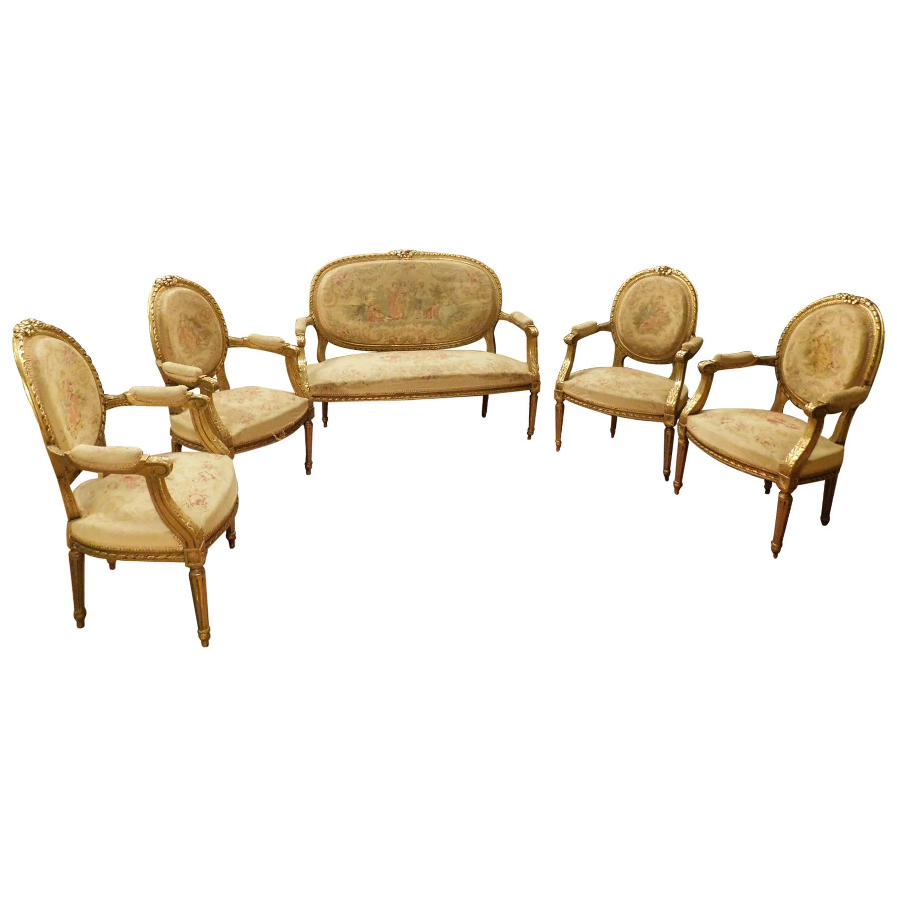 Antique Living Room, Four Armchairs and Sofa, Gilded Wood, 19th Century, France