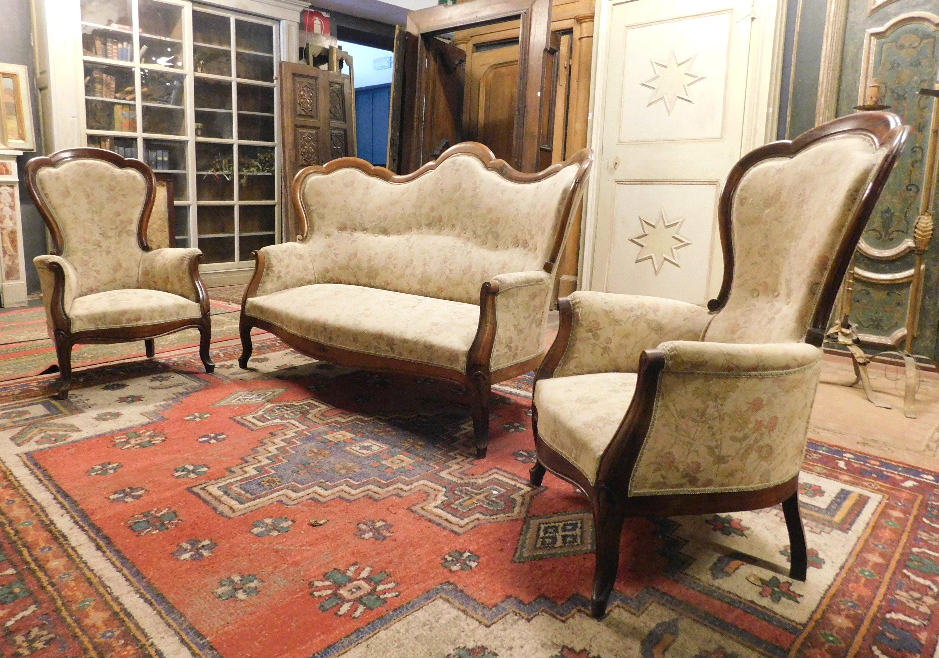 Antique Living Room Set, Sofa and Two Armchairs, 19th Century, Italy