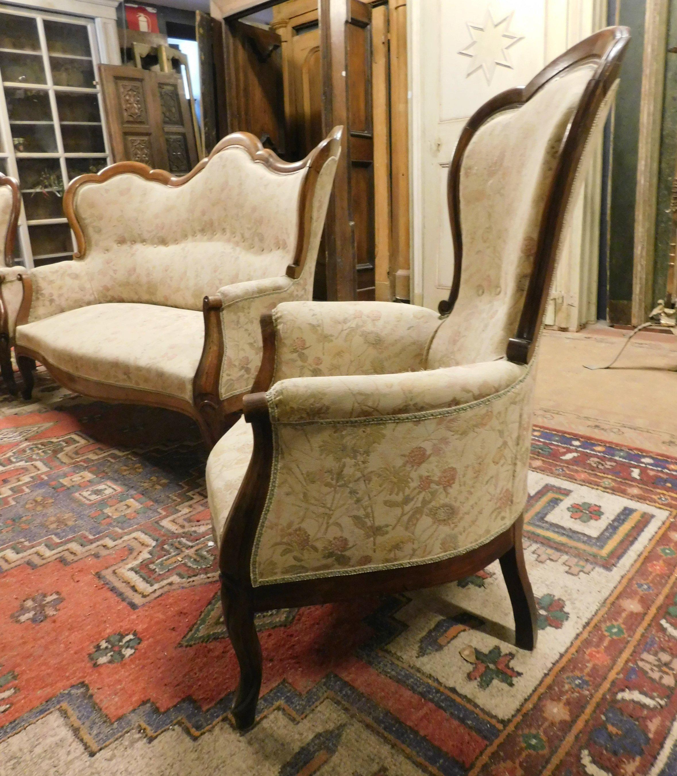 Hand-Crafted Antique Living Room Set, Sofa and Two Armchairs, 19th Century, Italy