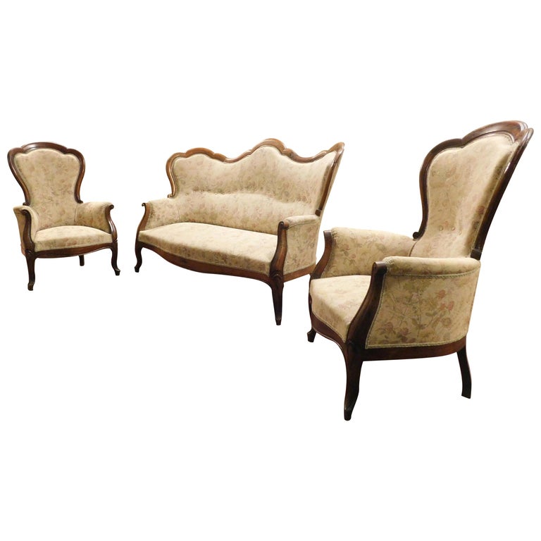 Antique Living Room Set, Sofa and Two Armchairs, 19th Century, Italy