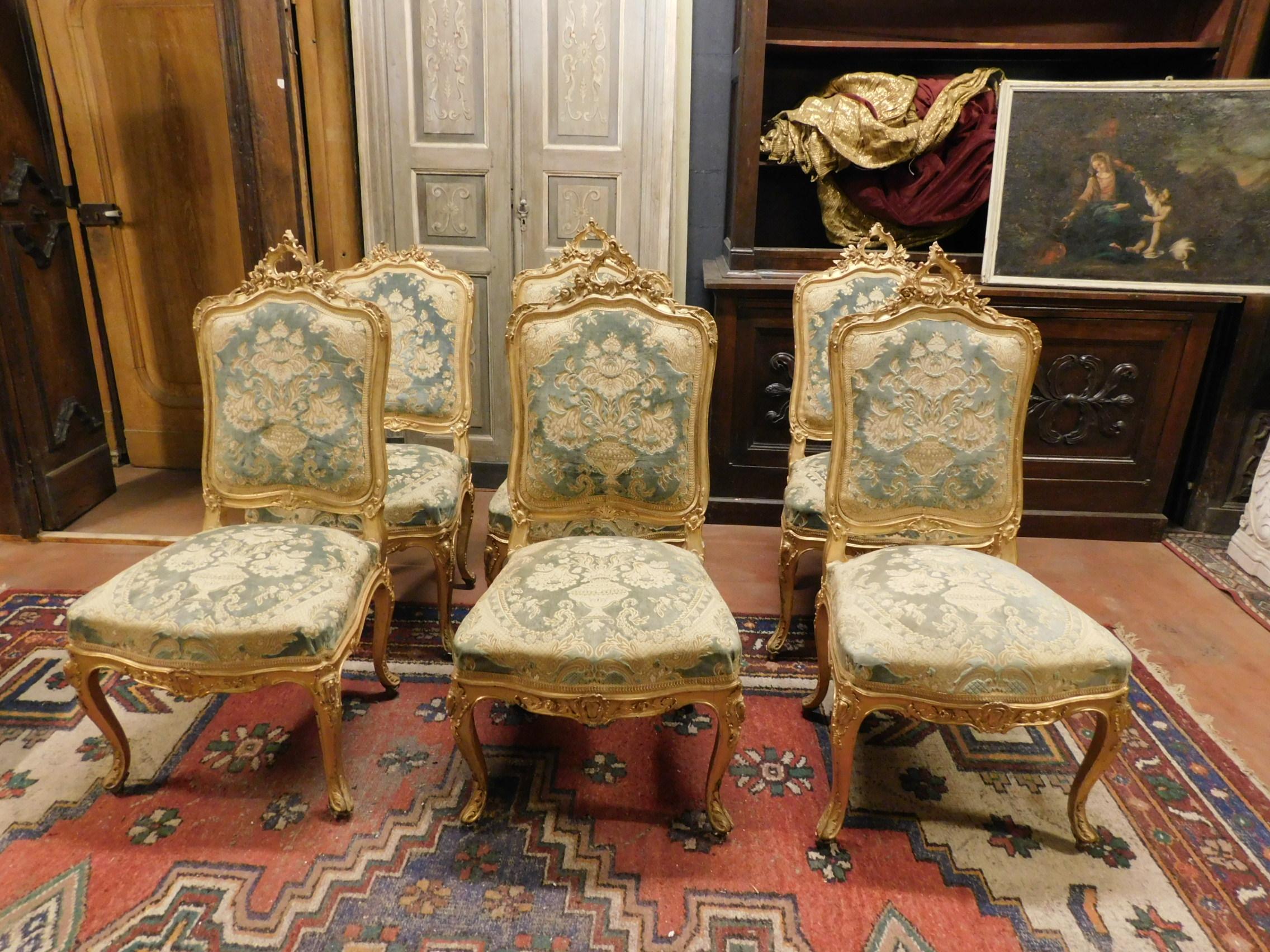 French Antique Living Room Set Sofas, Armchairs and Benches, Light Blue Brocade, Gold