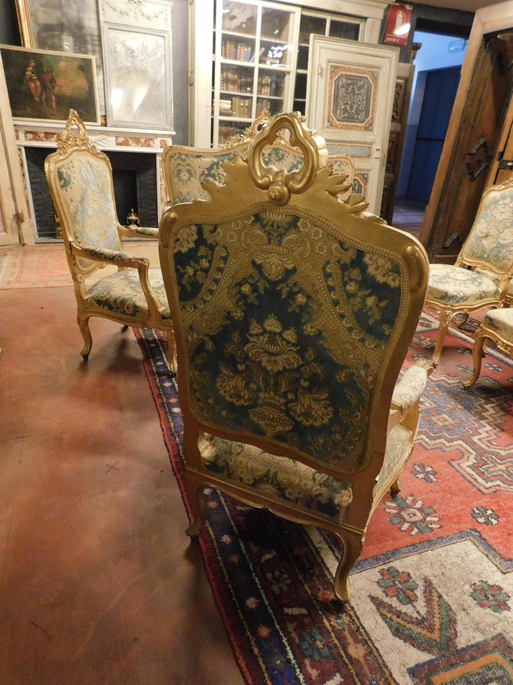 Antique Living Room Set Sofas, Armchairs and Benches, Light Blue Brocade, Gold In Good Condition In Cuneo, Italy (CN)