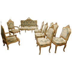 Antique Living Room Set Sofas, Armchairs and Benches, Light Blue Brocade, Gold
