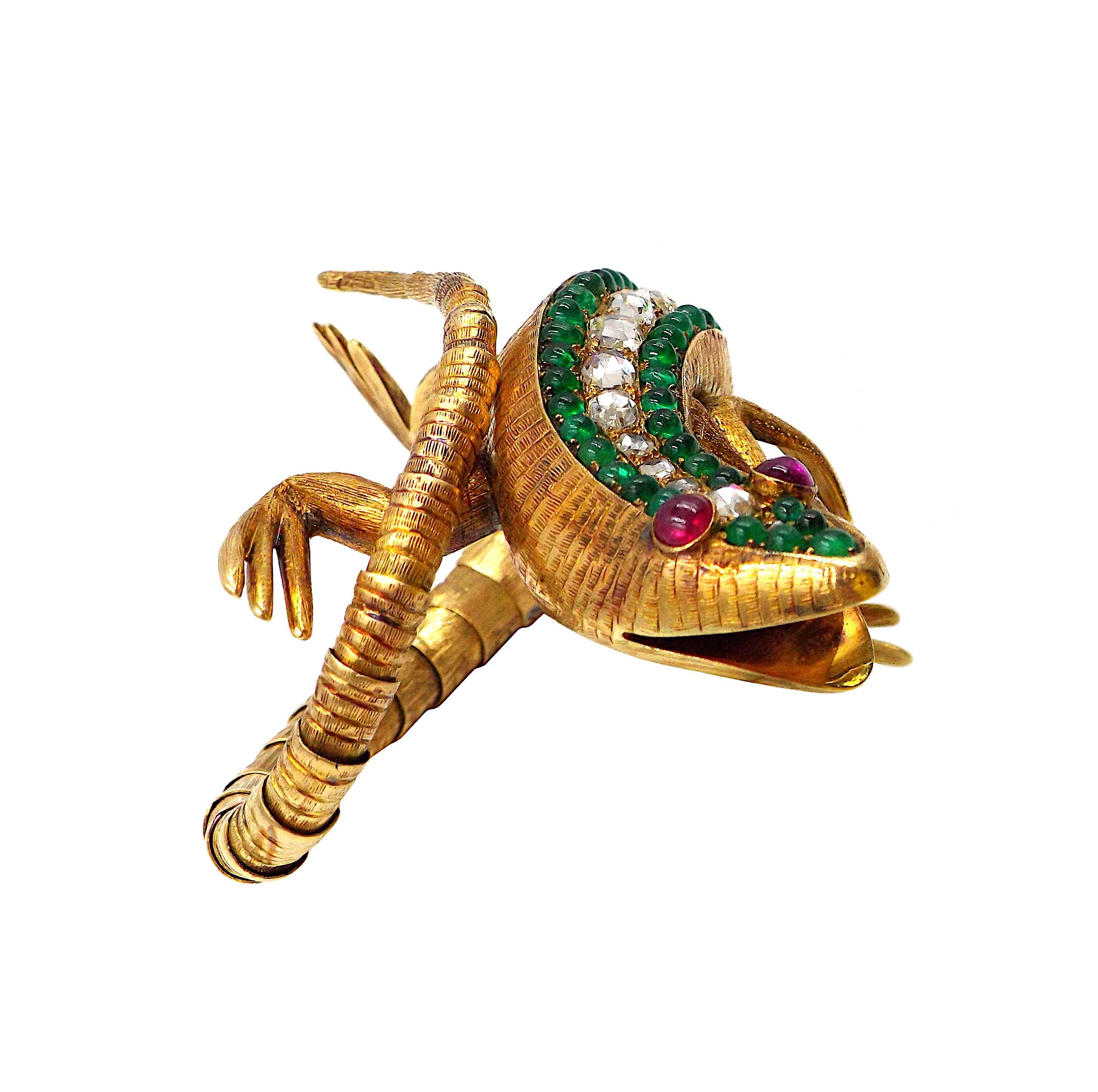 Rose Cut Antique Lizard 18K Yellow Gold Emerald Diamond Ruby Flexible Bracelet