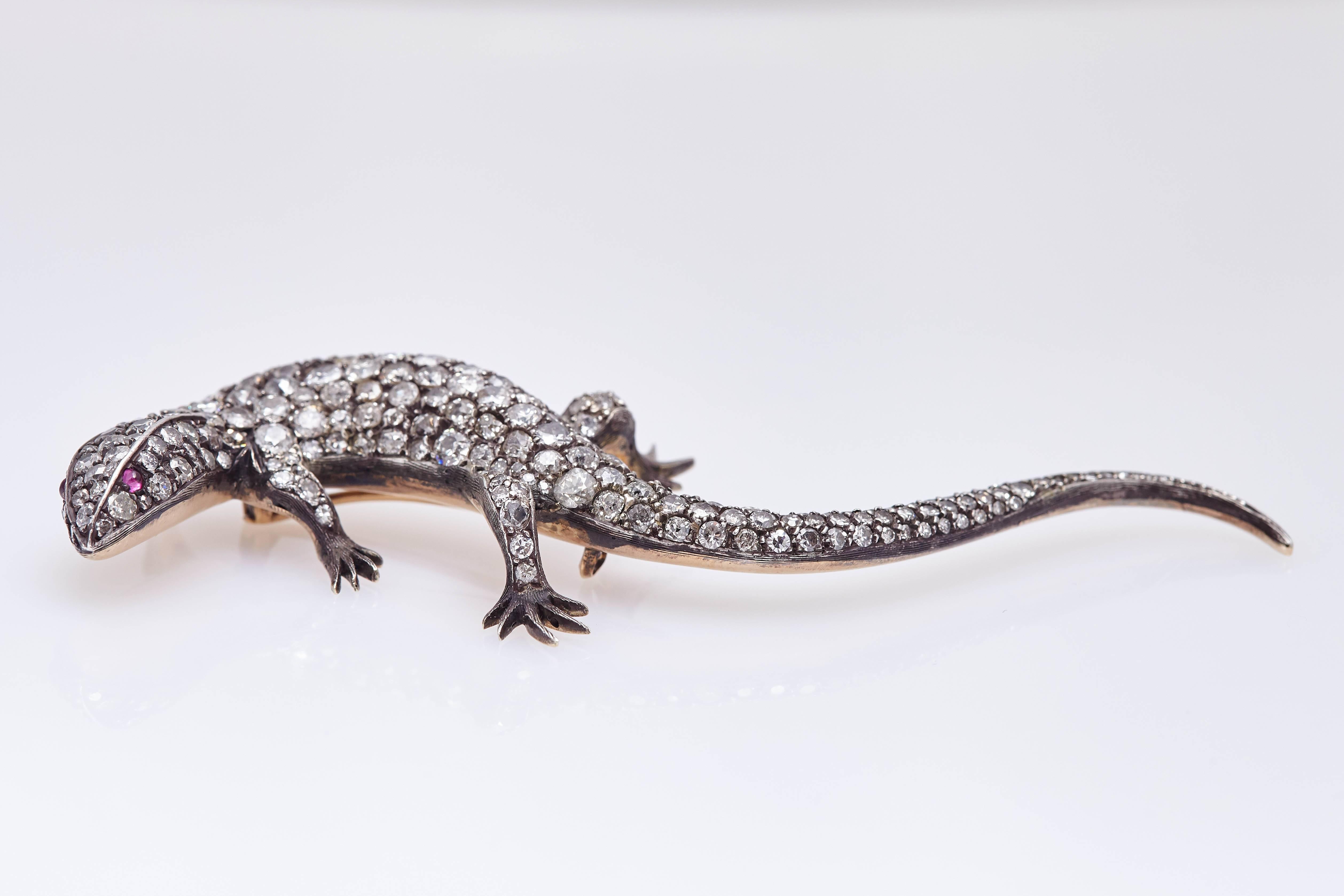 An impressive antique diamond Lizard brooch mounted on a mixed gold and silver mounting, typical of the time. Made in Italy, circa 1890