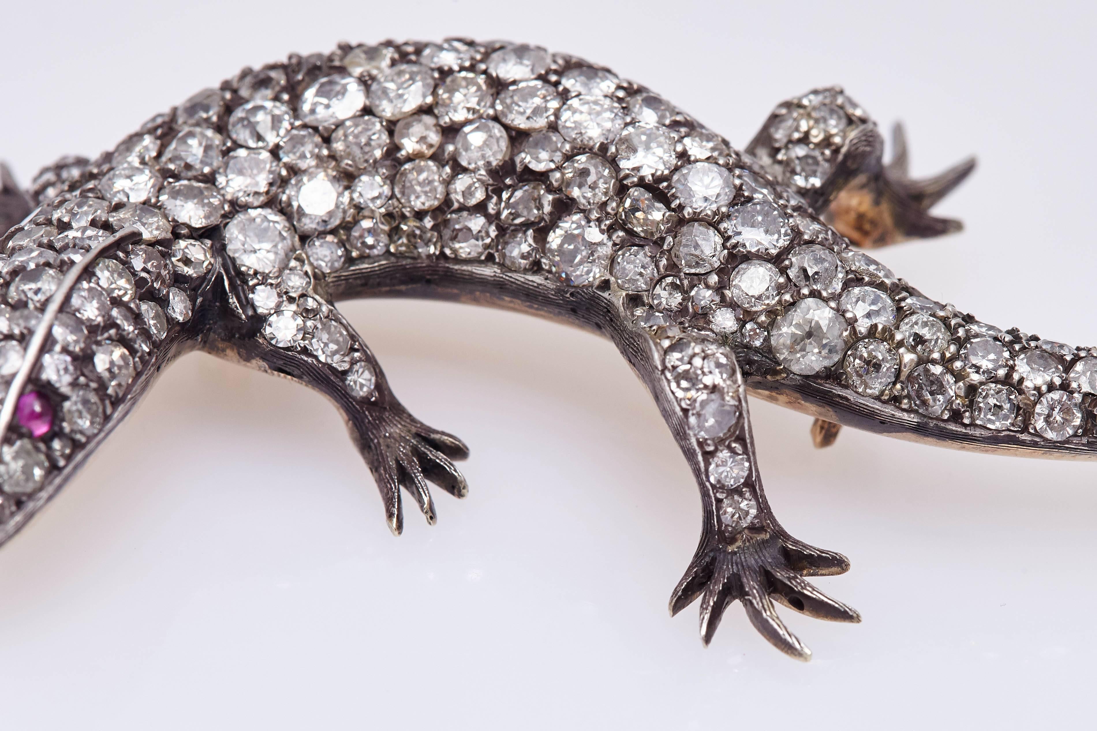 Women's or Men's Antique Lizard Diamond Brooch