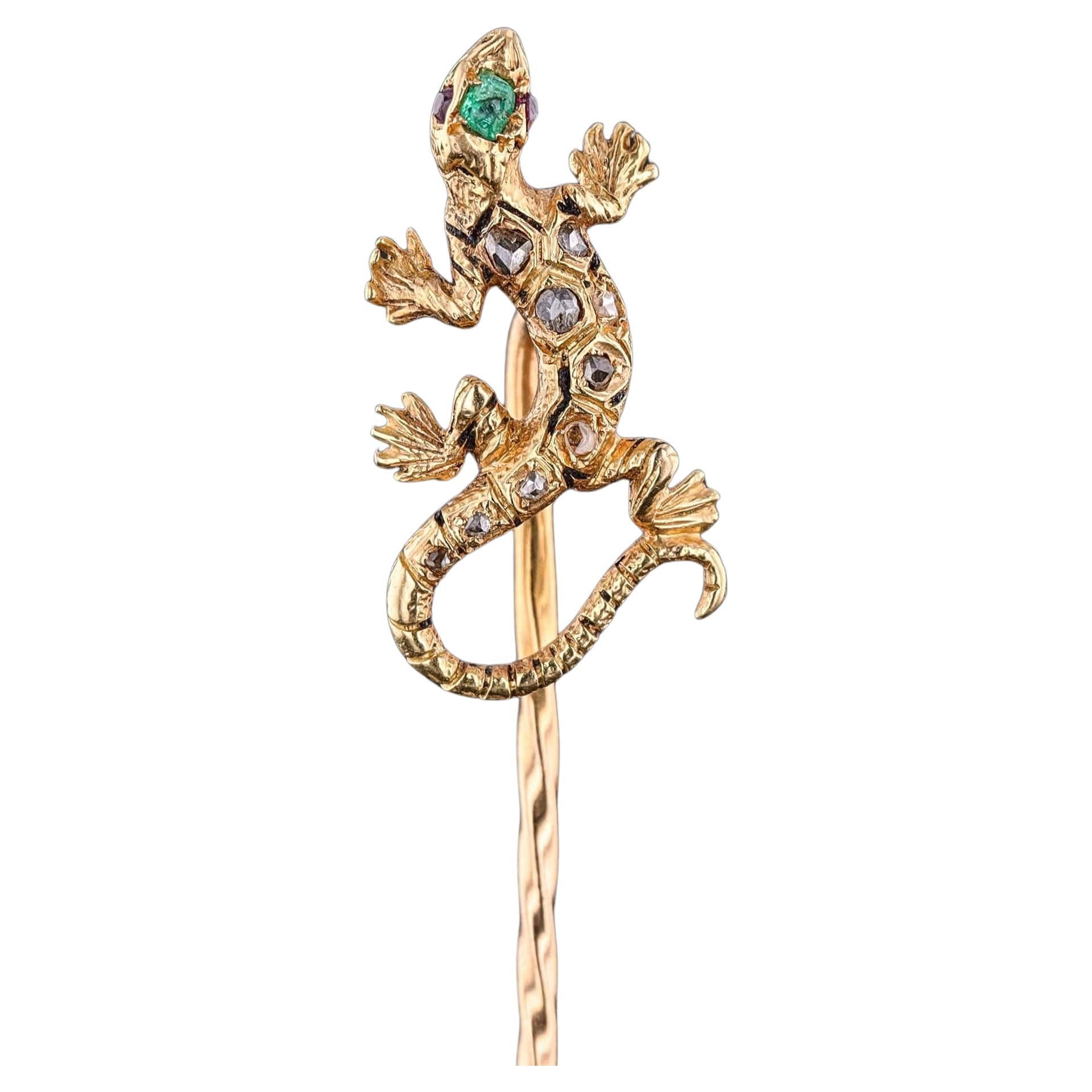 Vintage Circa 1980s Handcrafted Natural Rose Cut Diamond Enamel Lizard ...