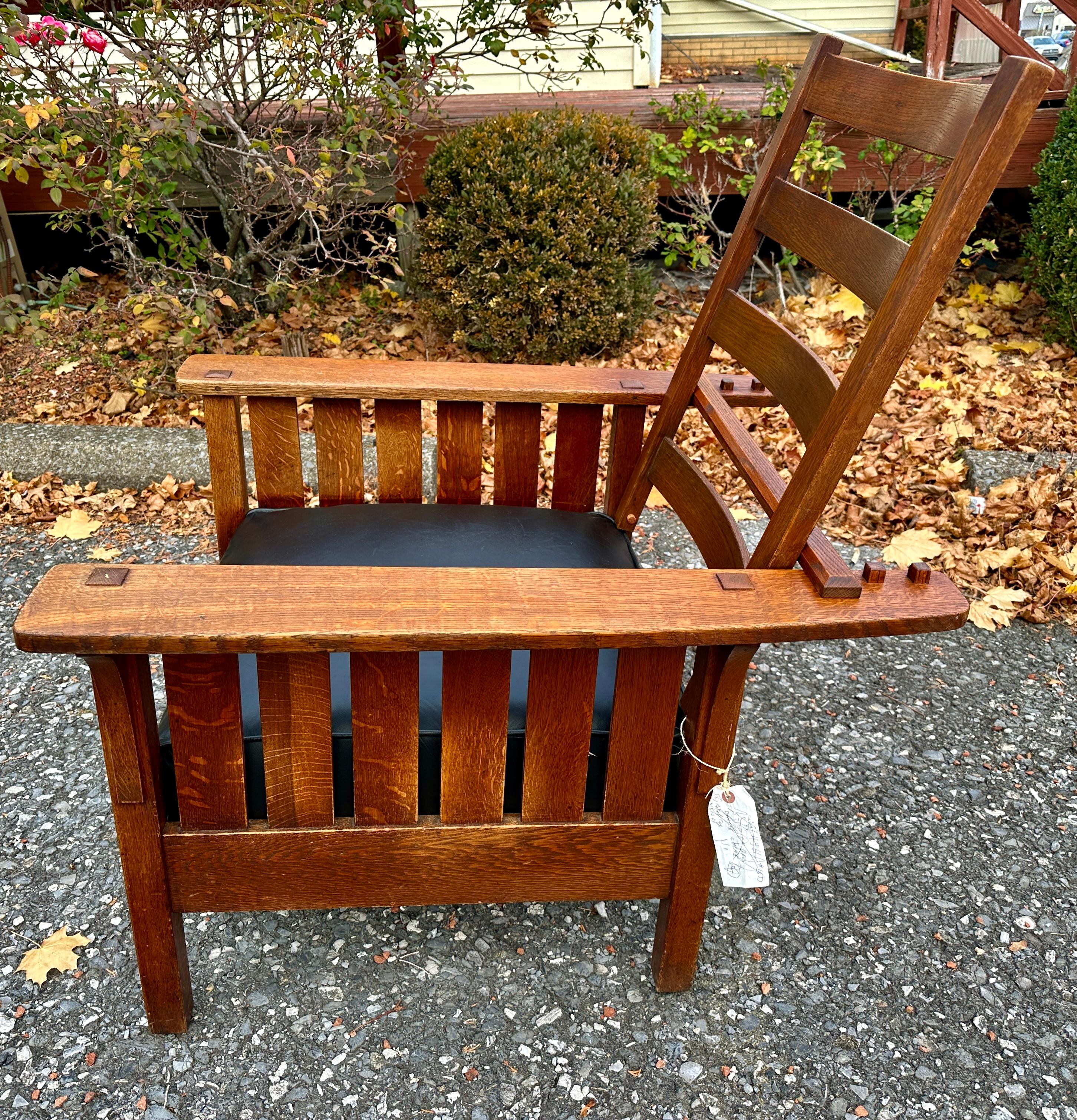 Leather Antique L&JG STICKLEY Morris Chair, circa 1907 - W809    SALE 30% For Sale