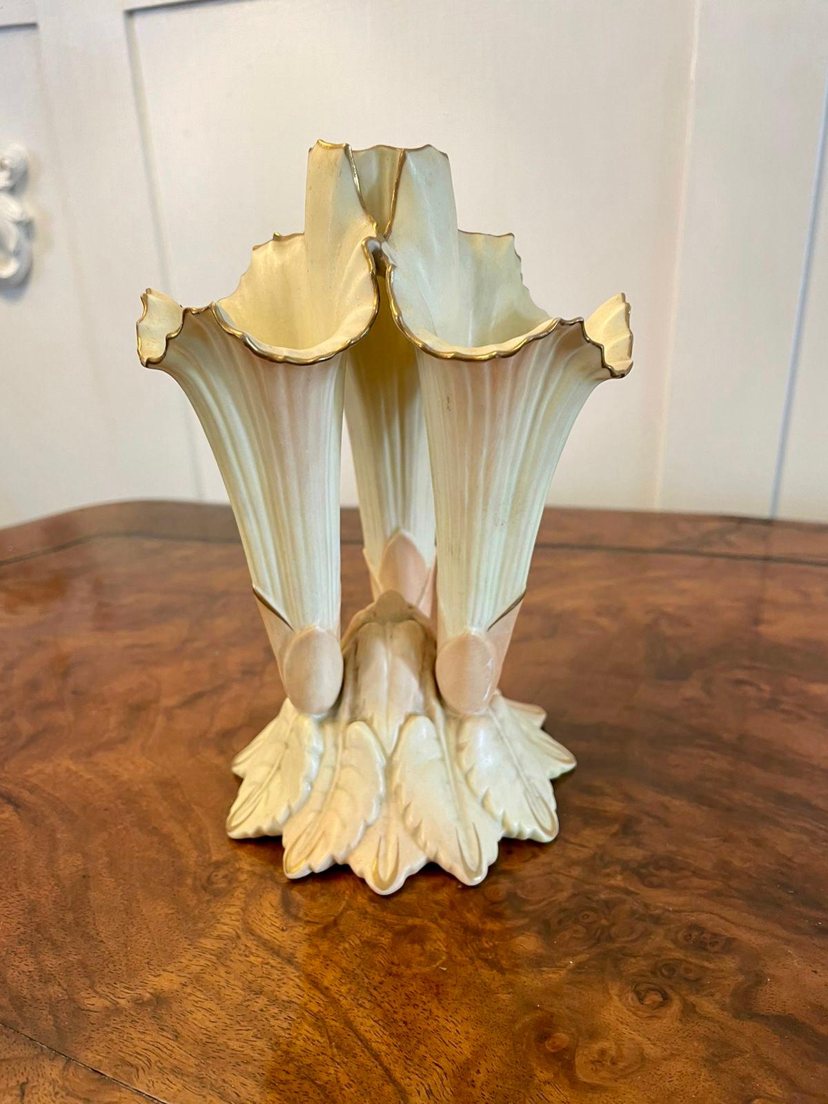 Antique pair of Locke & Co. porcelain blush ivory spill vases in the form of three lily flowers. 

Exquisite design and colours in perfect condition.

The antique Locke & Co. porcelain blush ivory basket shown in the picture is also available