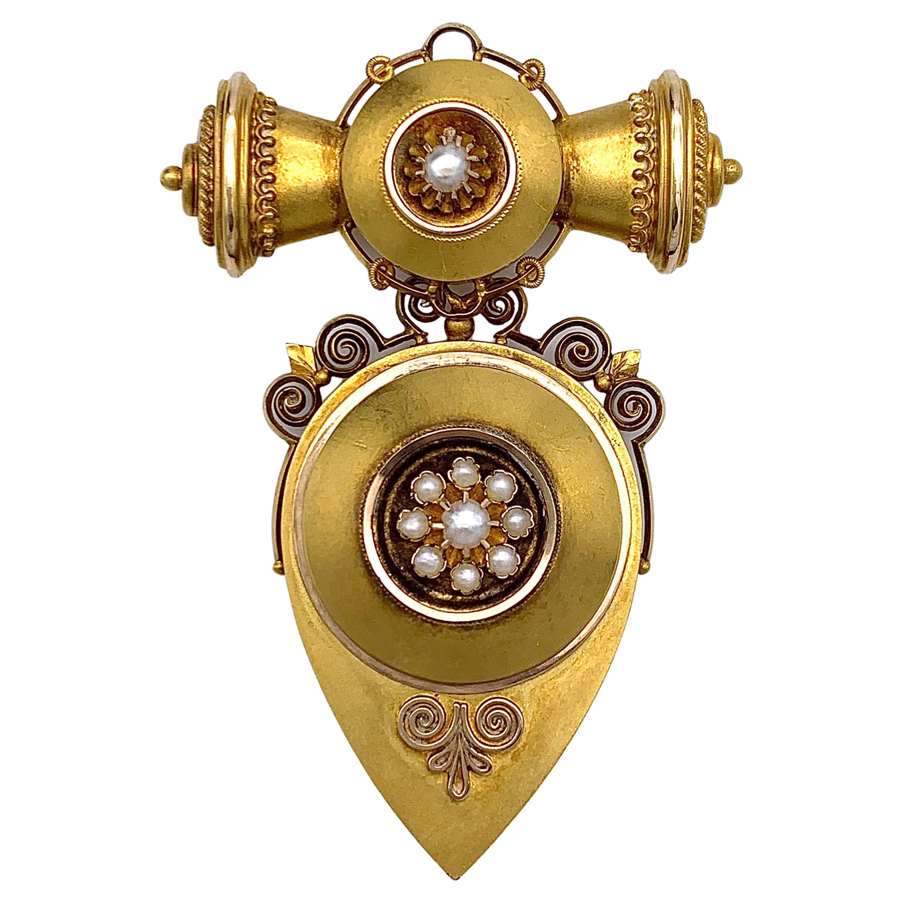 Antique Greek Revival Articulated Locket Brooch Penendant 18 Karat Gold Pearls For Sale