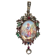 Antique 1865 Locket Pendant Pearl Emerald Garnet Sapphire Ruby Porcelain Silver 