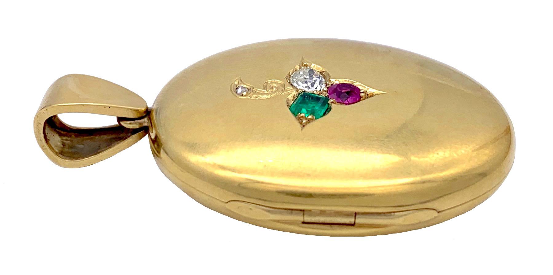 Antique Locket Pendant 18 Karat Gold Emerald Diamond Ruby Trefoil 