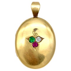 Antike antike Medaillon-Anhänger 18 Karat Gold Smaragd Diamant Rubin Trefoil Initialen SWB
