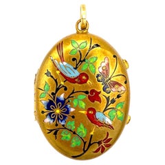 Antique Locket Pendant Brass Enamel Birds Flowers Butterfly Polychrome Enamel