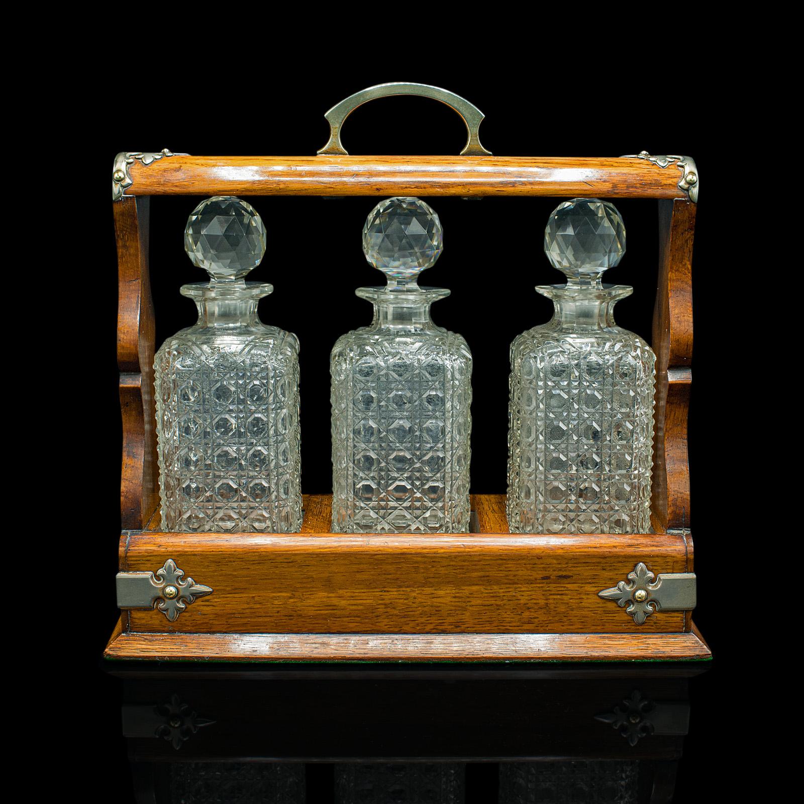 British Antique Locking Tantalus, English, Oak, Glass, Decanter Case, Edwardian, C.1910