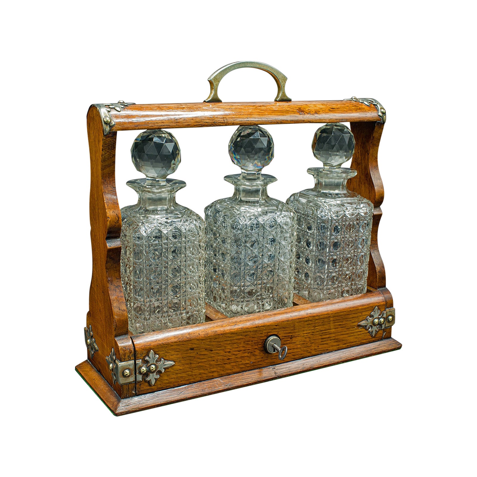 Antique Locking Tantalus, English, Oak, Glass, Decanter Case, Edwardian, C.1910