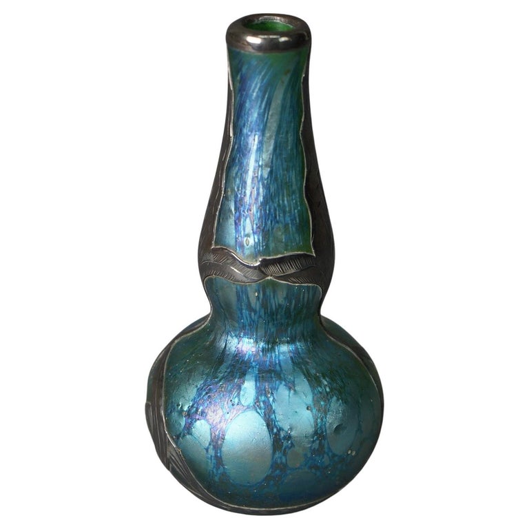 Antique Loetz Art Glass and Silver Overlay Vase, circa 1920 For