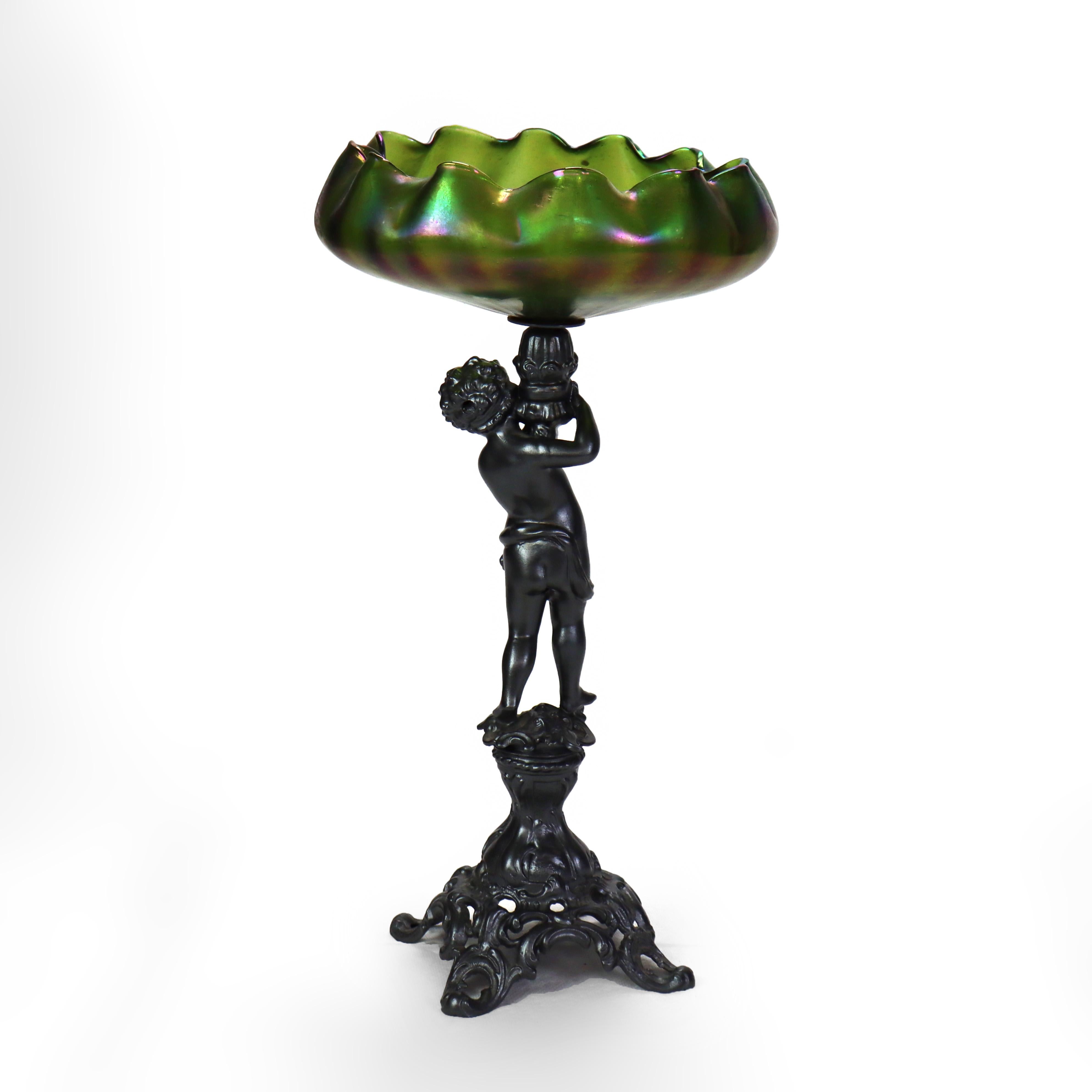 Antica composta Loetz Art Nouveau con ciotola in vetro verde iridescente c1890 in vendita 6