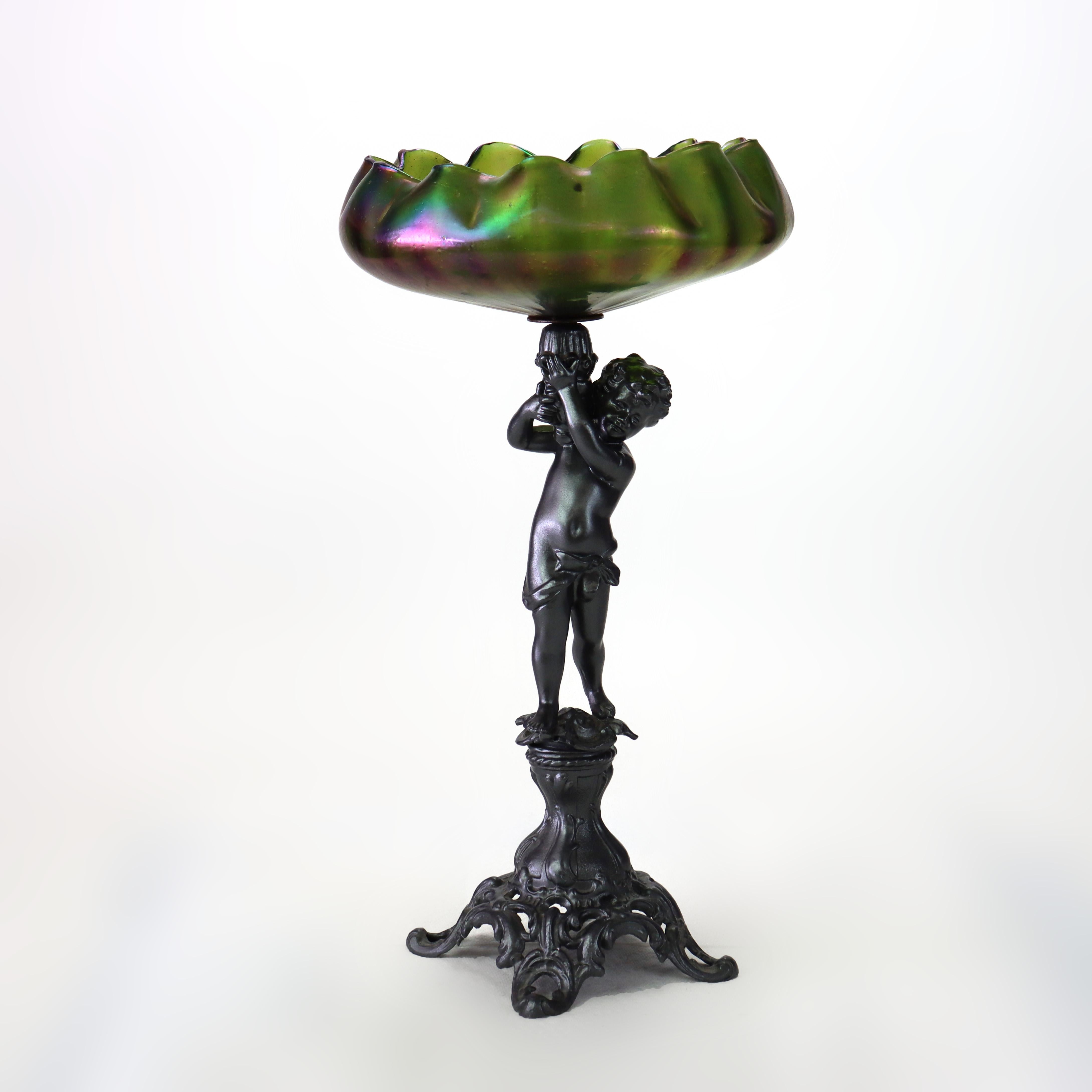 XIX secolo Antica composta Loetz Art Nouveau con ciotola in vetro verde iridescente c1890 in vendita