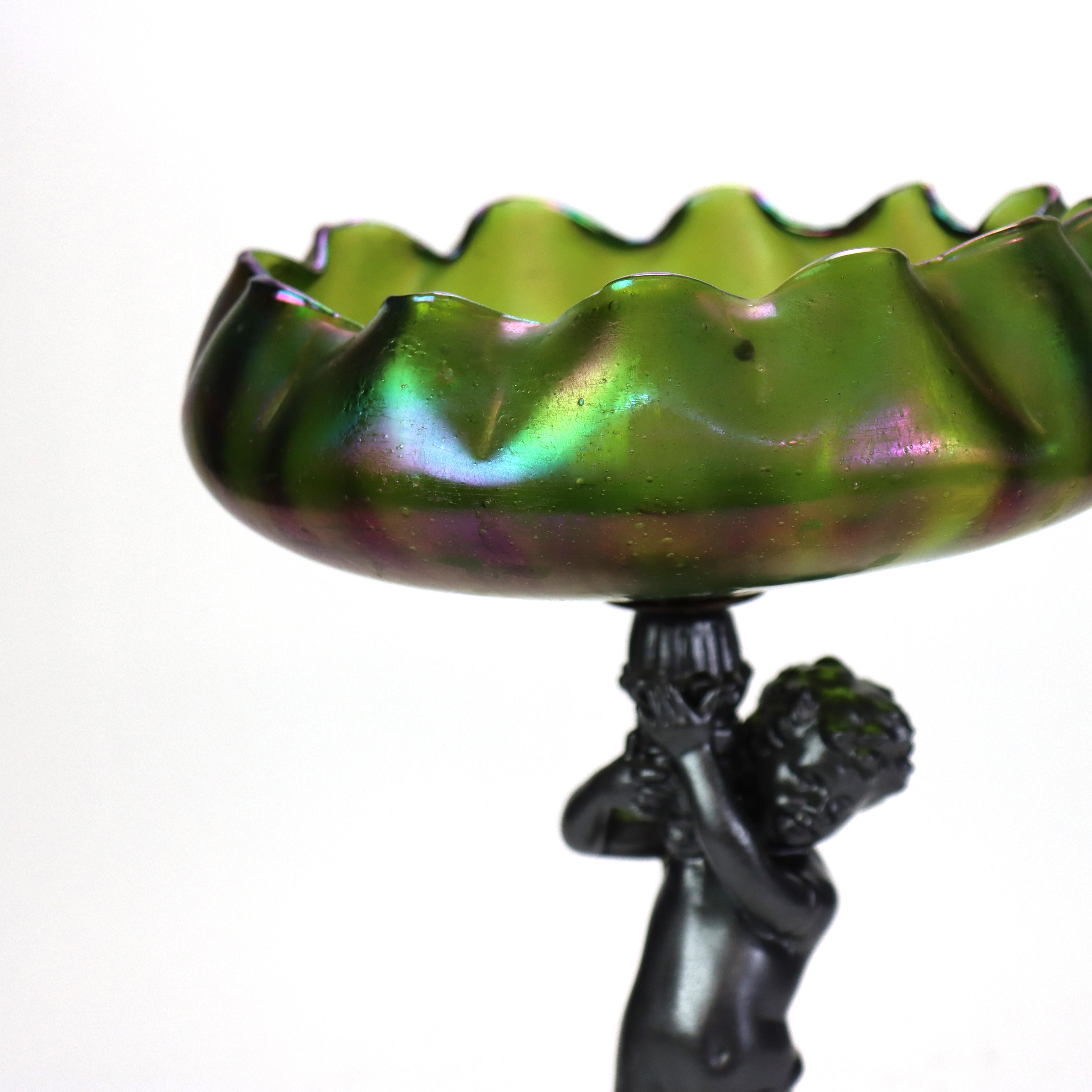 Antica composta Loetz Art Nouveau con ciotola in vetro verde iridescente c1890 in vendita 1