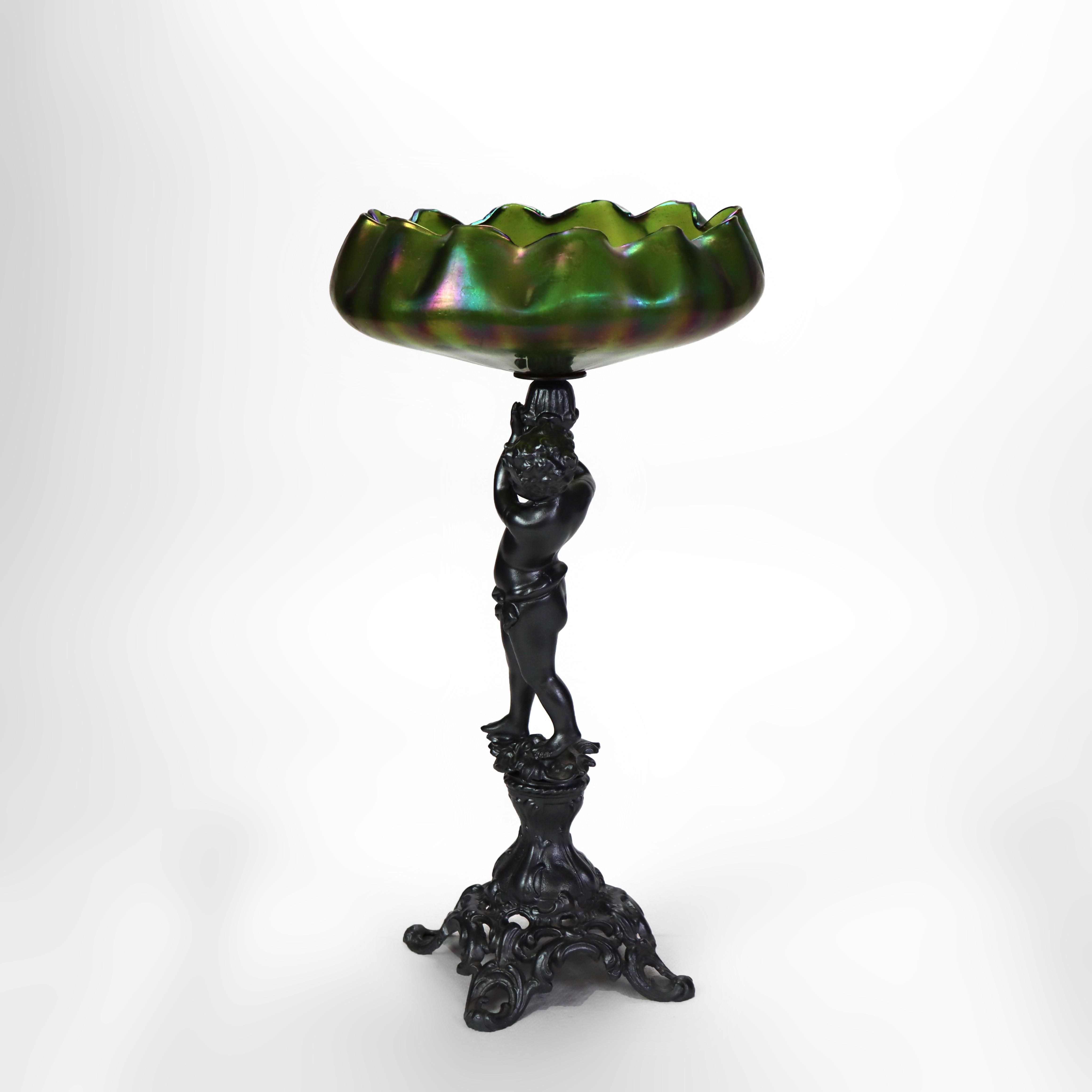 Antica composta Loetz Art Nouveau con ciotola in vetro verde iridescente c1890 in vendita 2