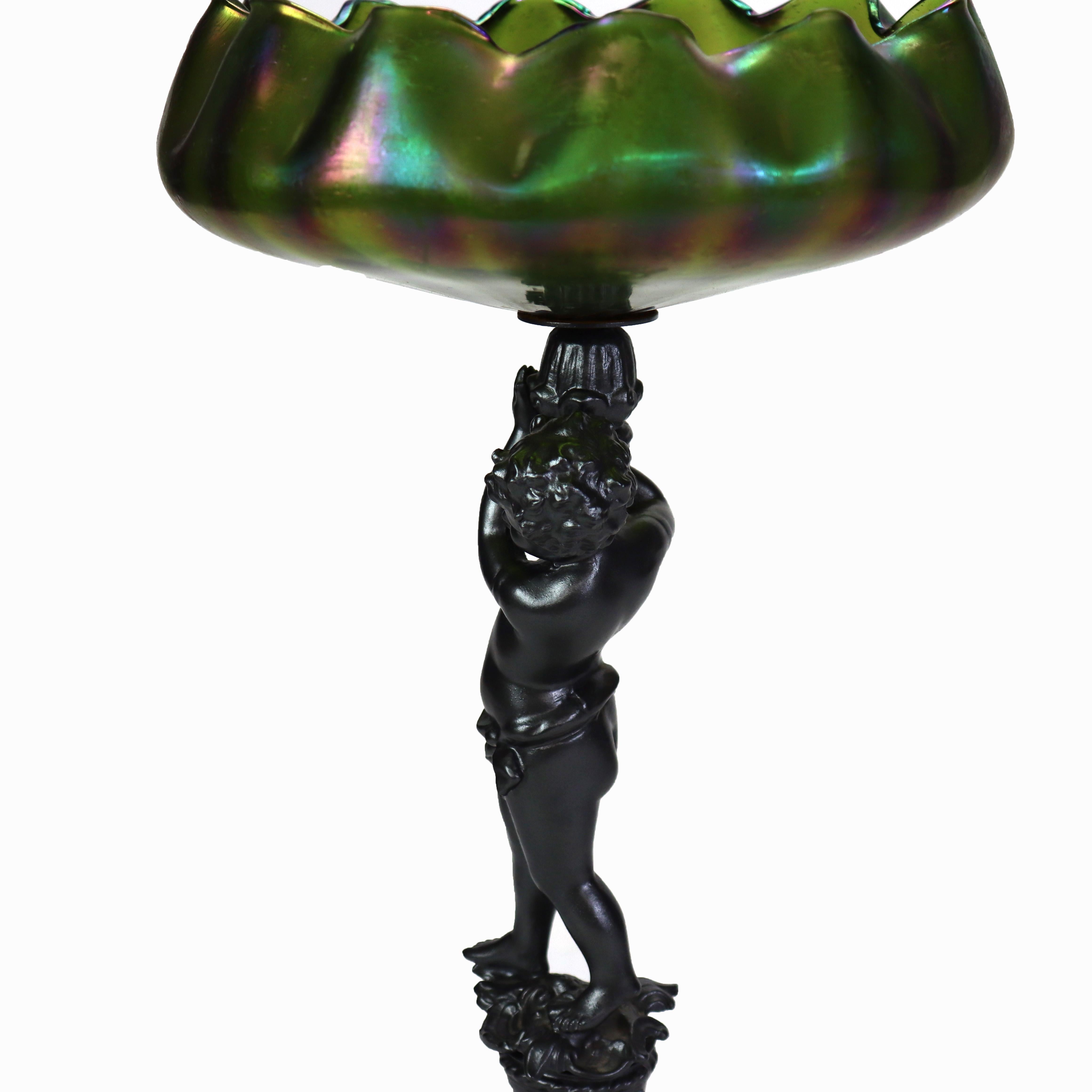 Antica composta Loetz Art Nouveau con ciotola in vetro verde iridescente c1890 in vendita 4