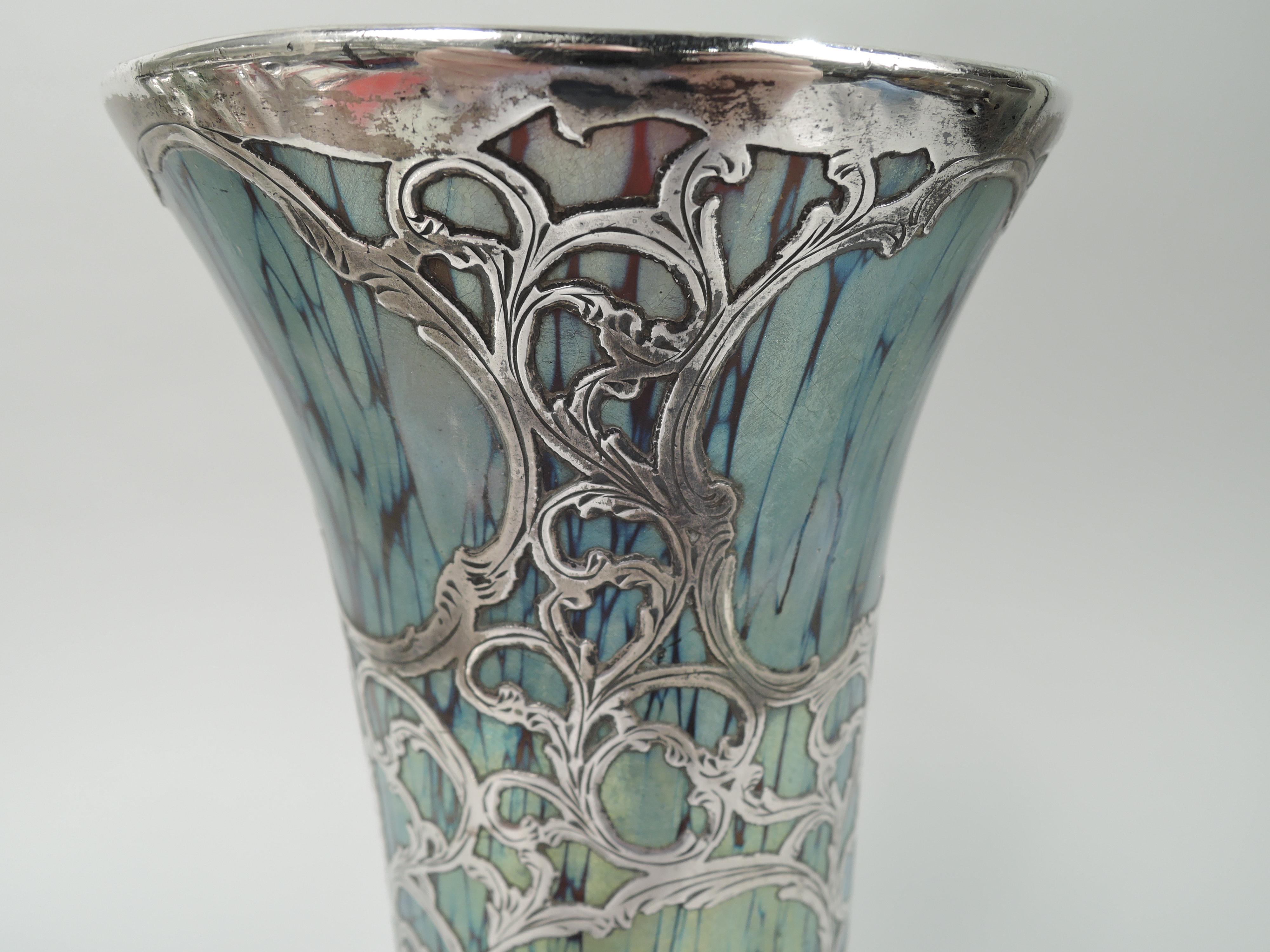 19th Century Antique Loetz Art Nouveau Iridescent Silver Overlay Vase