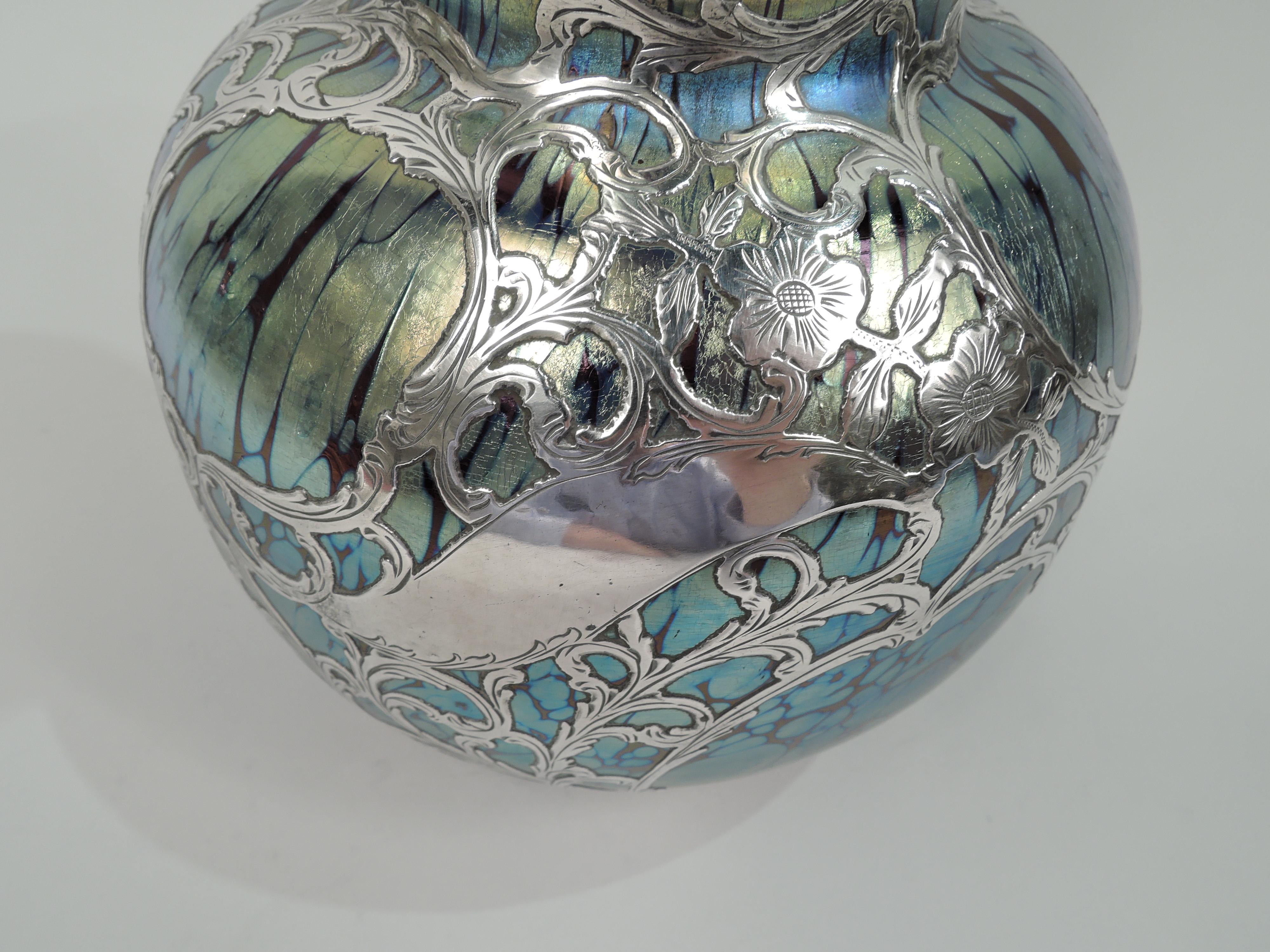 Antique Loetz Art Nouveau Iridescent Silver Overlay Vase 2