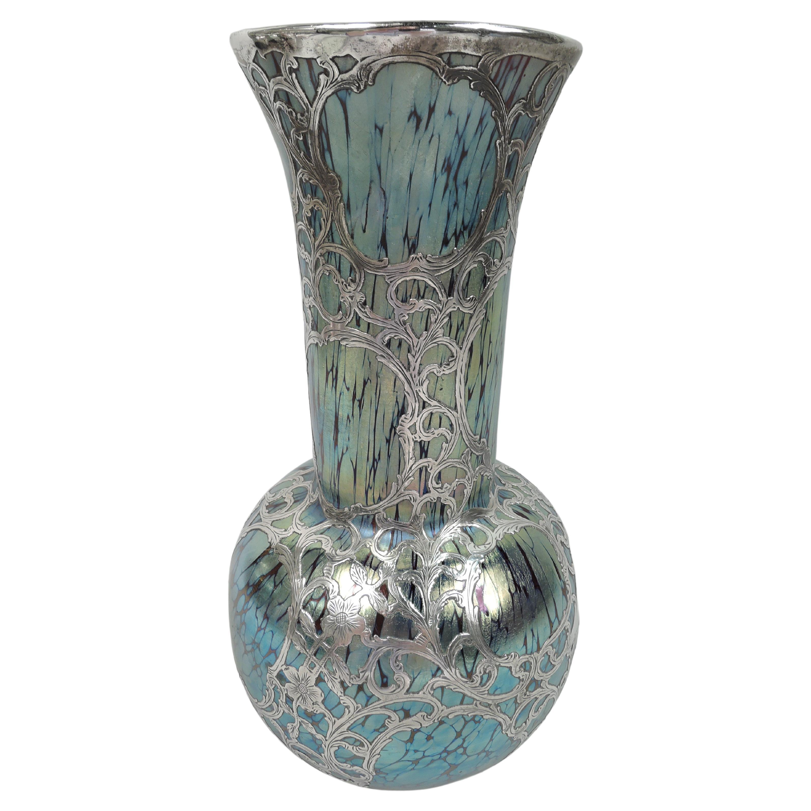 Antique Loetz Art Nouveau Iridescent Silver Overlay Vase