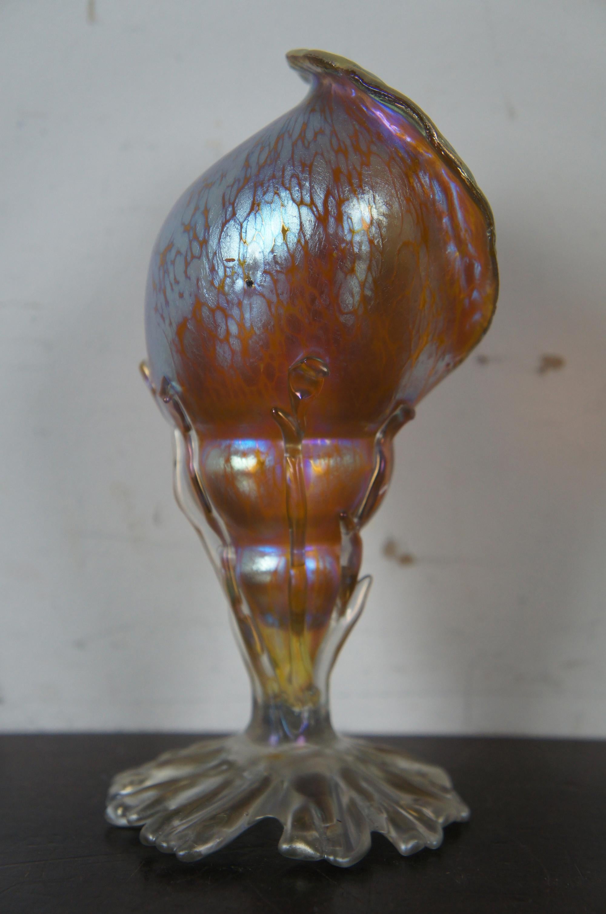 Antique Loetz Candia Papillion Iridescent Glass Seashell Bud Vase Art Nouveau 6