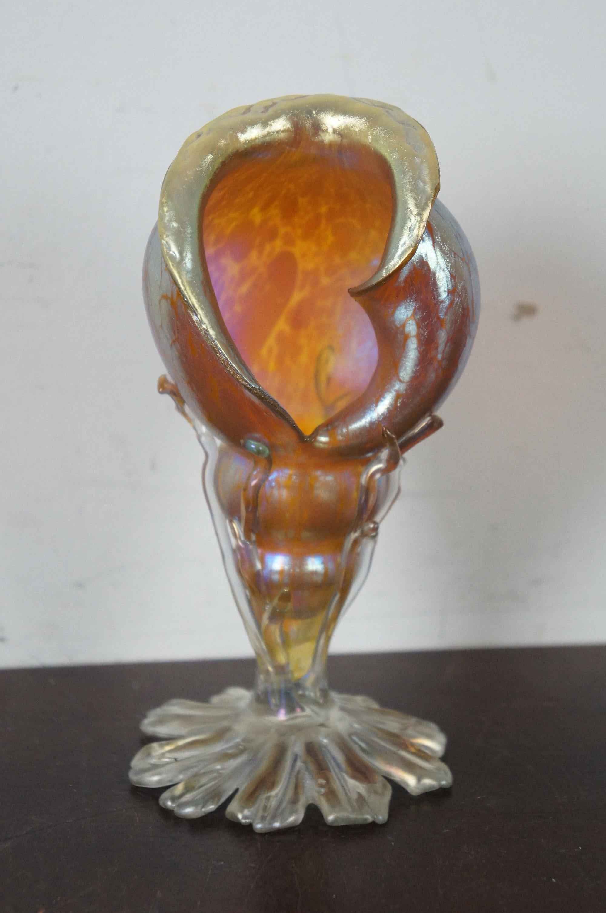 19th Century Antique Loetz Candia Papillion Iridescent Glass Seashell Bud Vase Art Nouveau