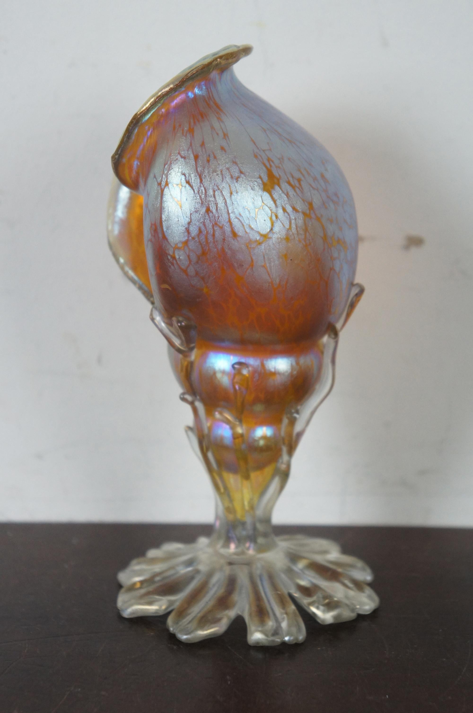 Art Glass Antique Loetz Candia Papillion Iridescent Glass Seashell Bud Vase Art Nouveau