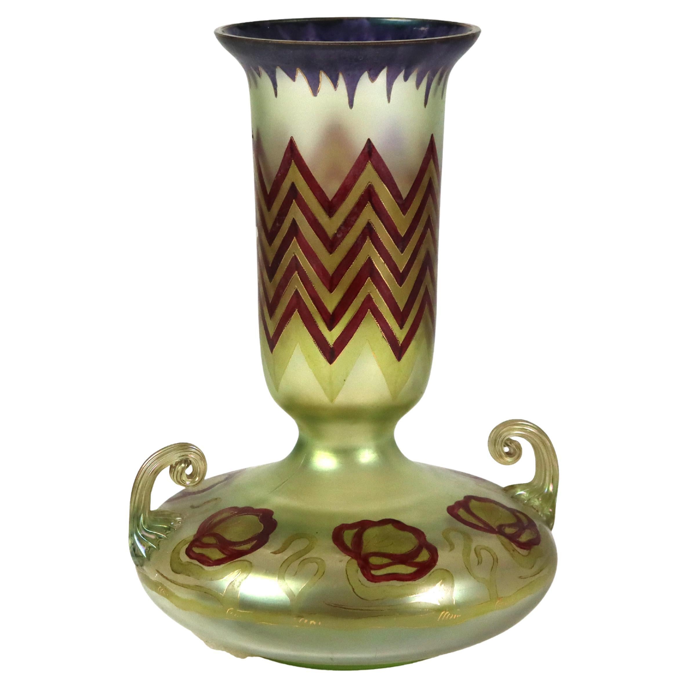 Vase ancien en verre d'art polychrome néo-égyptien Loetz non signé C1930 en vente