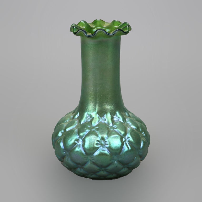 Czech Antique Loetz Green Squash Bottom Art Glass Vase circa 1930 For Sale