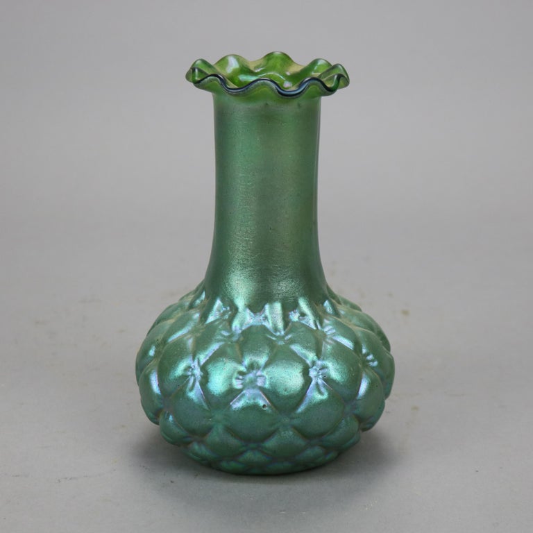 20th Century Antique Loetz Green Squash Bottom Art Glass Vase circa 1930 For Sale