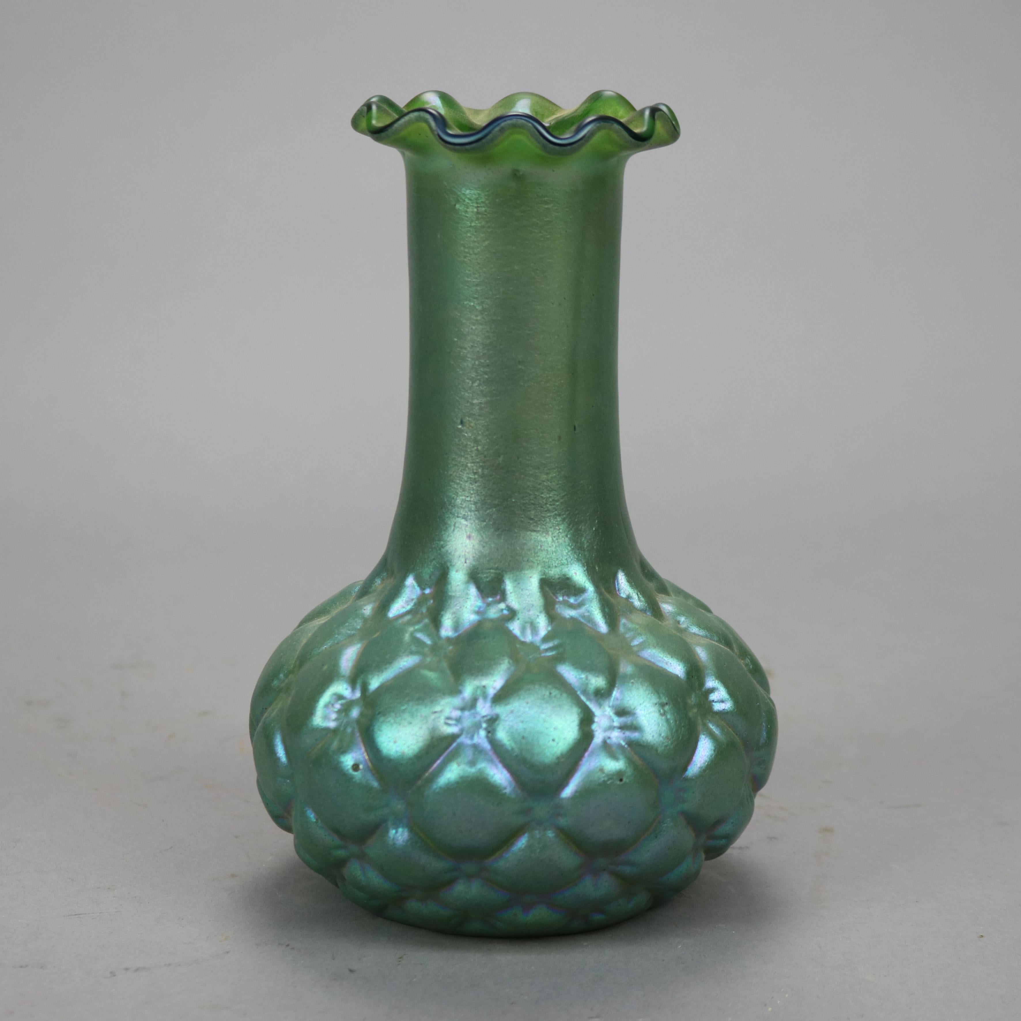 Antique Loetz Green Squash Bottom Art Glass Vase circa 1930 2