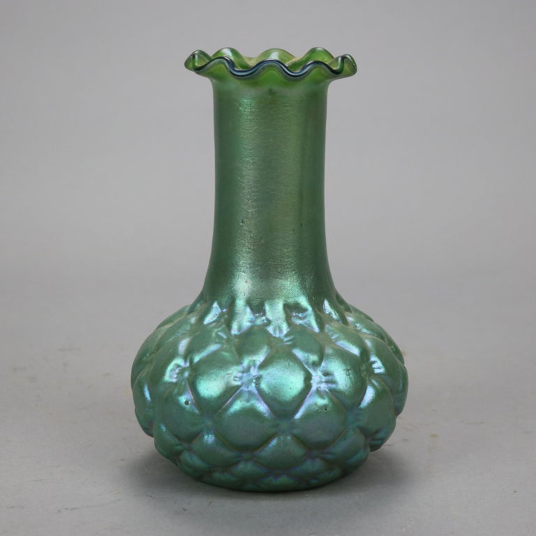 Antique Loetz Green Squash Bottom Art Glass Vase circa 1930 For Sale 2