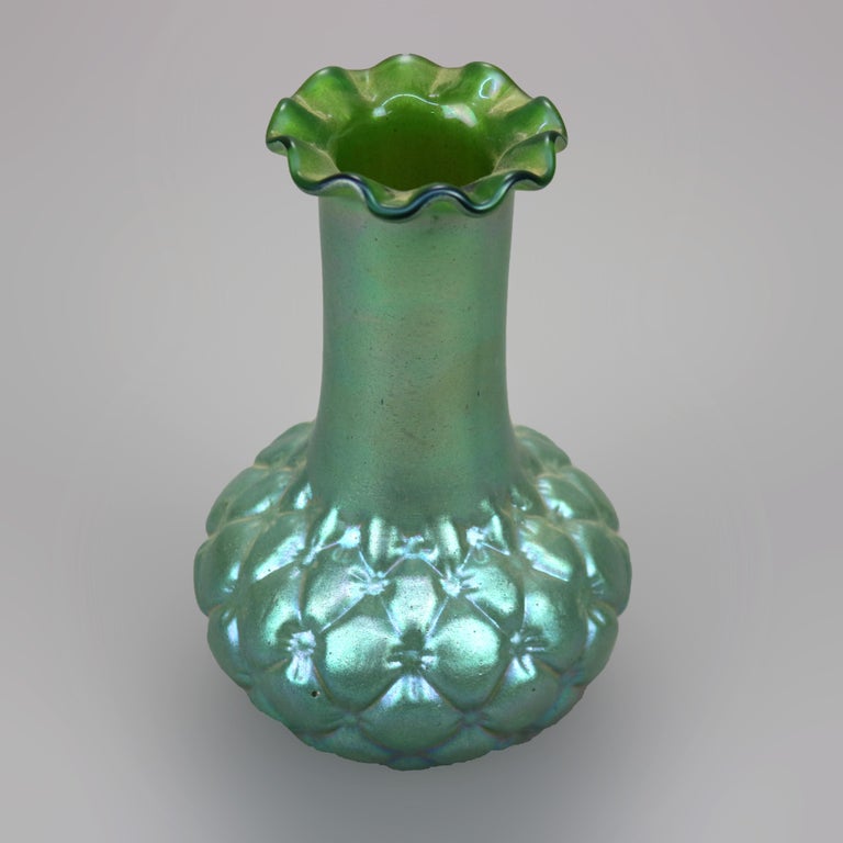 Antique Loetz Green Squash Bottom Art Glass Vase circa 1930 For Sale 4