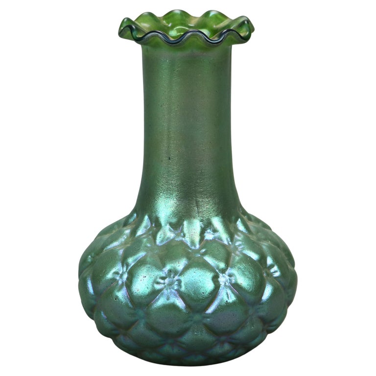 Antique Loetz Green Squash Bottom Art Glass Vase circa 1930 For Sale