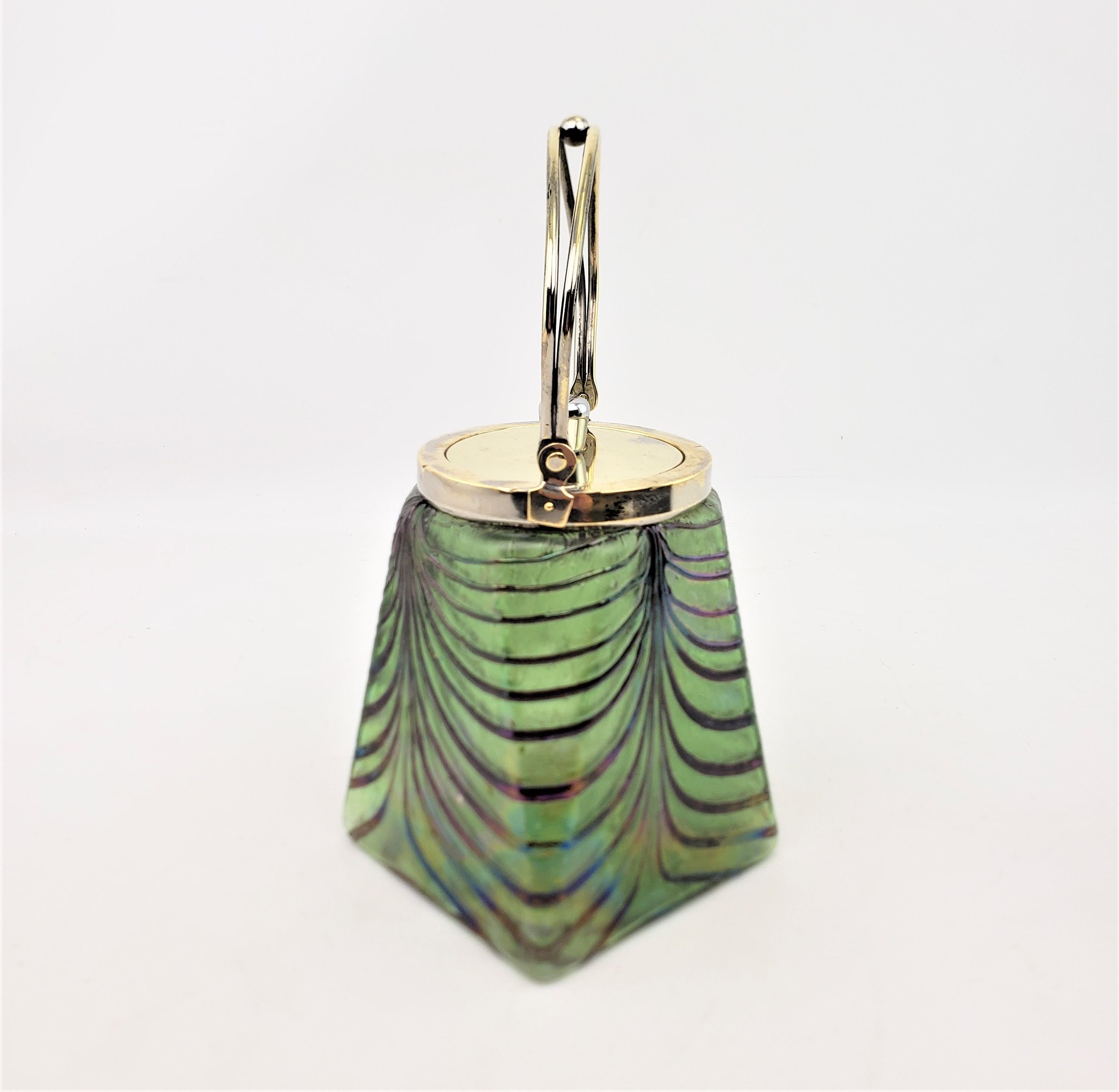 Hand-Crafted Antique Loetz Styled Green & Blue Art Glass & Silver Plated Biscuit Barrel For Sale