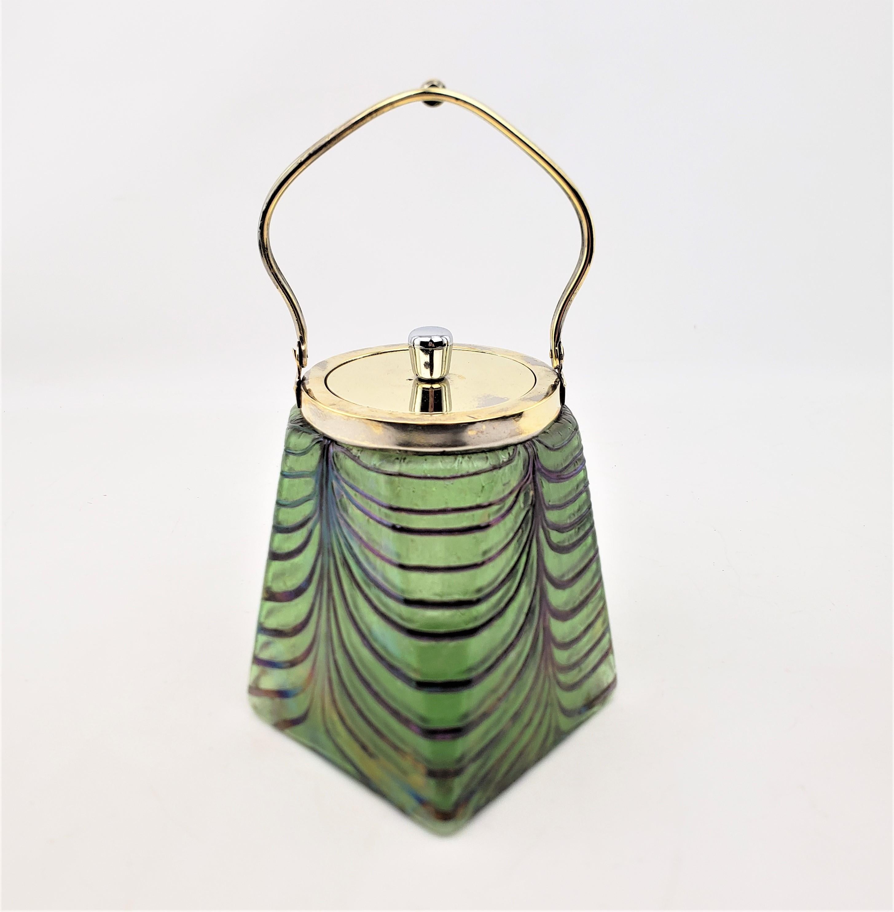 20th Century Antique Loetz Styled Green & Blue Art Glass & Silver Plated Biscuit Barrel For Sale
