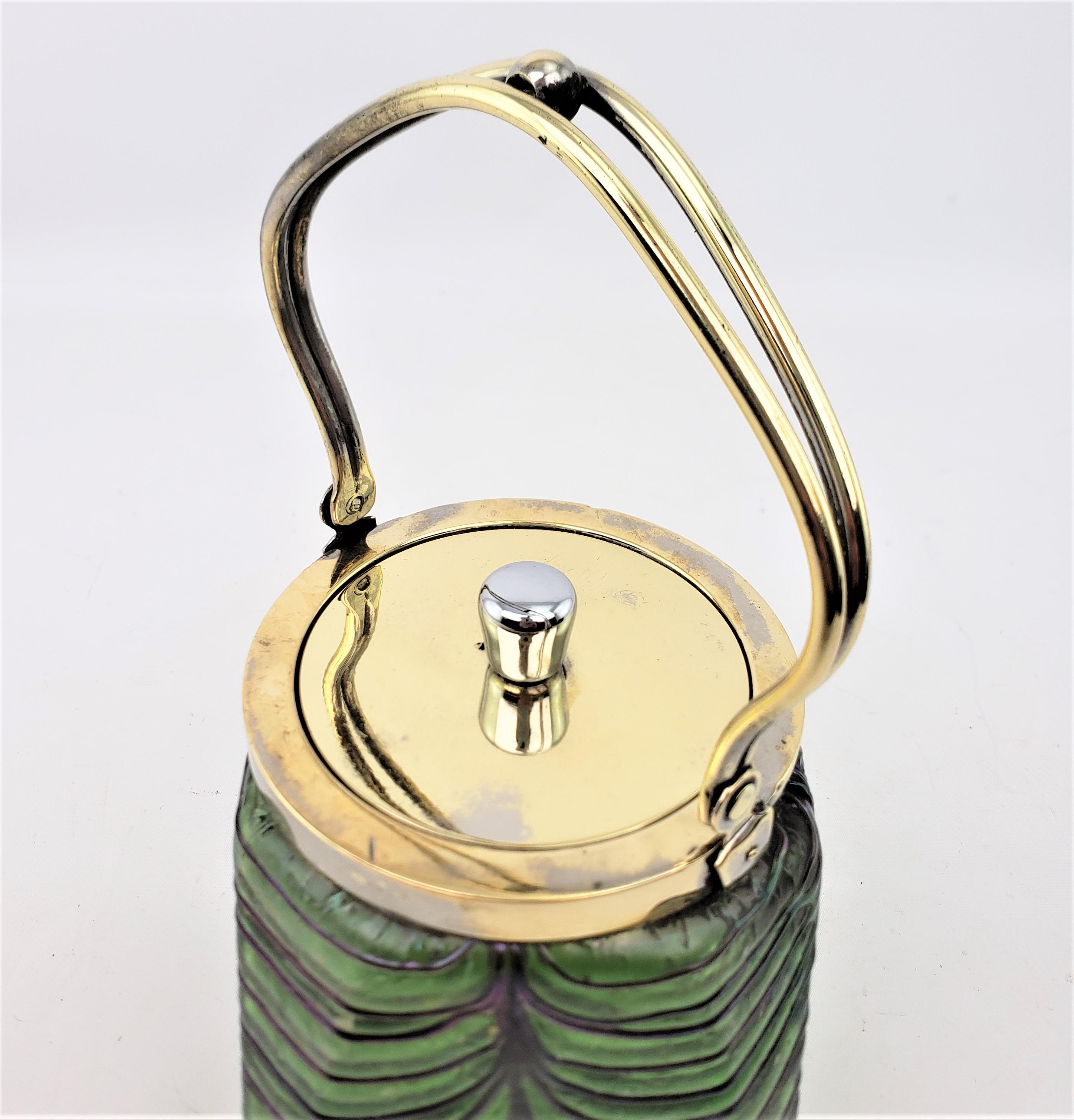 Antique Loetz Styled Green & Blue Art Glass & Silver Plated Biscuit Barrel For Sale 2
