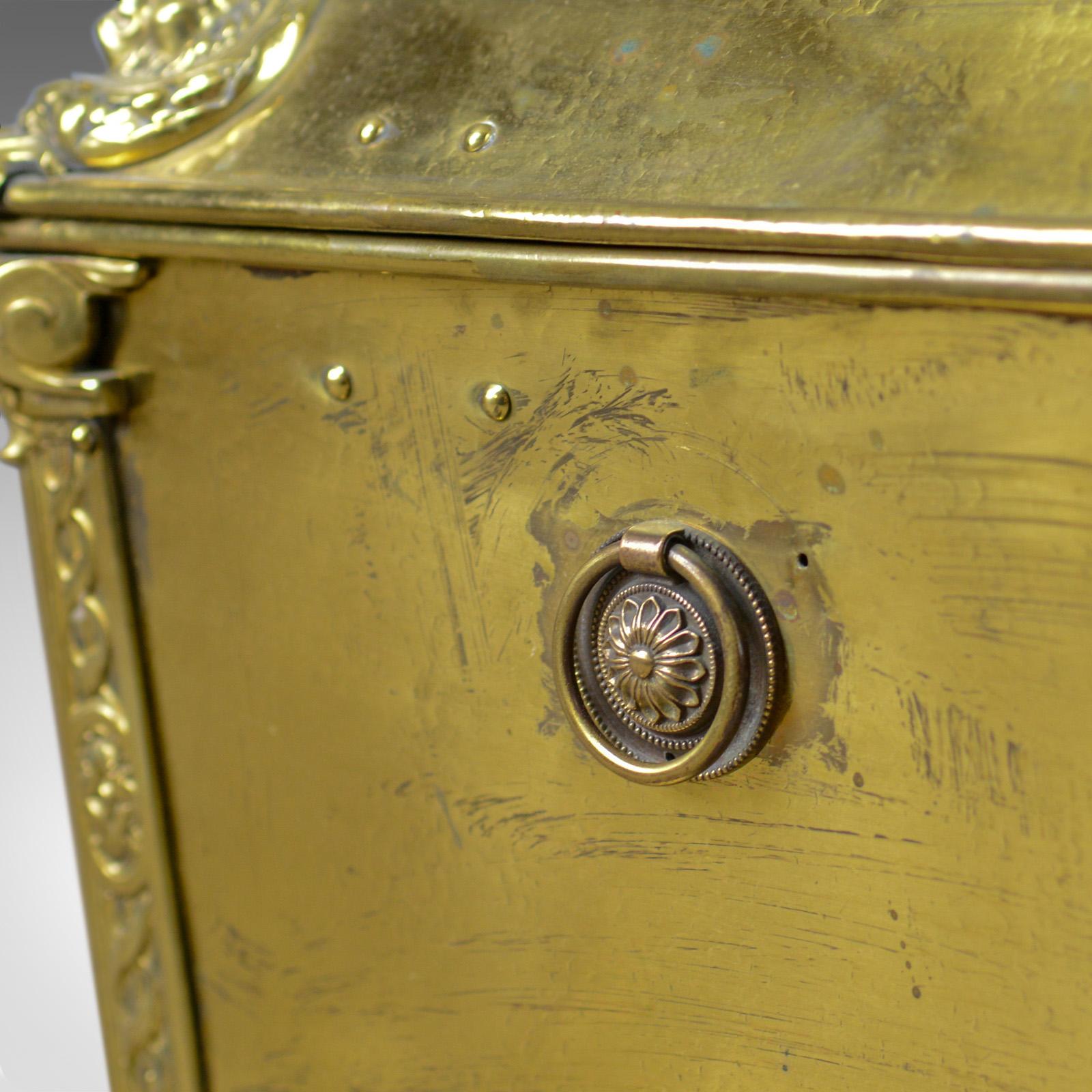 19th Century Antique Log Bin, Brass Fireside Storage Box, Victorian Fireplace Accessories