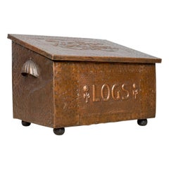 Antique Log Box, English Art Nouveau, Fireside Scuttle, Copper, circa 1920