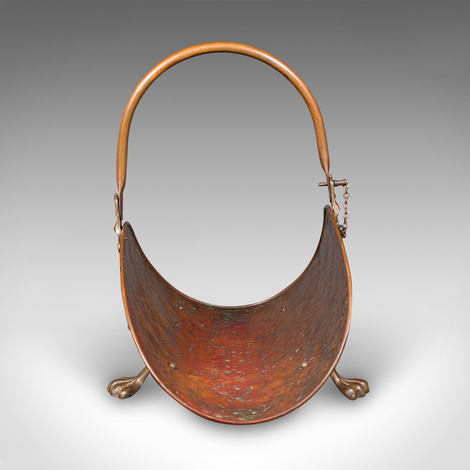 British Antique Log Layer, English, Copper, Brass, Fireside Fuel Tray, Victorian, C.1870 For Sale