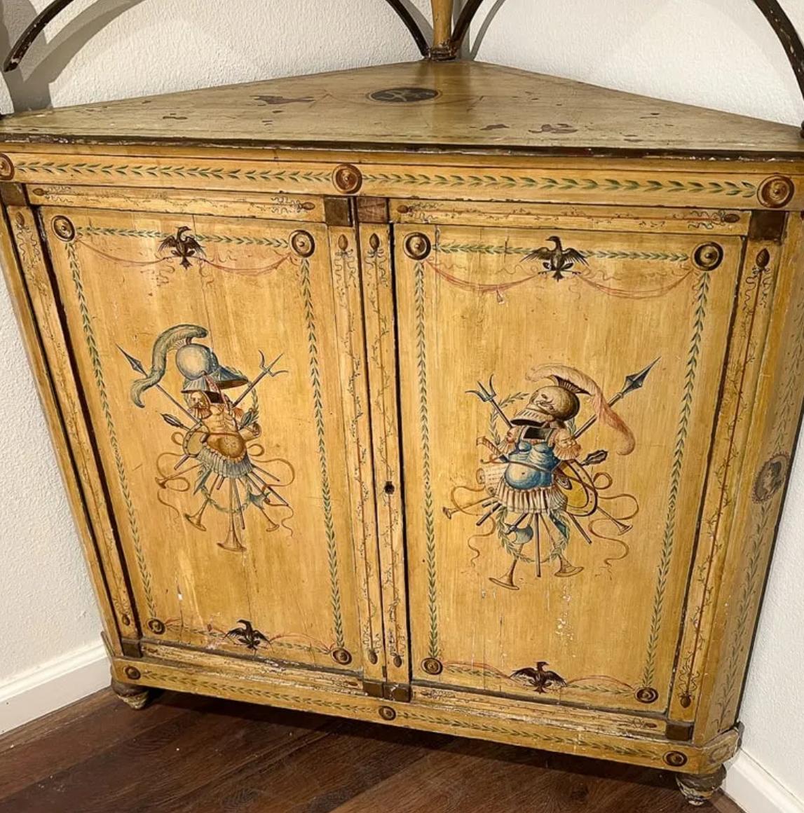 Antique Lombardy Italian Neoclassical Painted Corner Etagere Cabinet In Good Condition For Sale In LOS ANGELES, CA