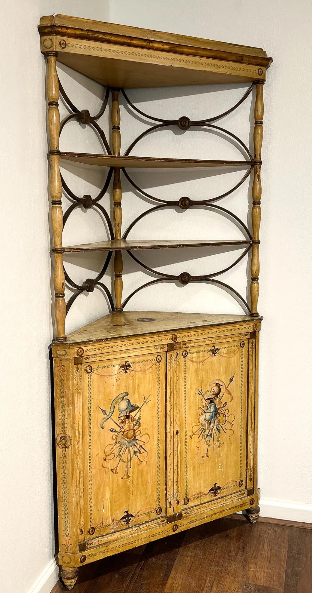 19th Century Antique Lombardy Italian Neoclassical Painted Corner Etagere Cabinet For Sale