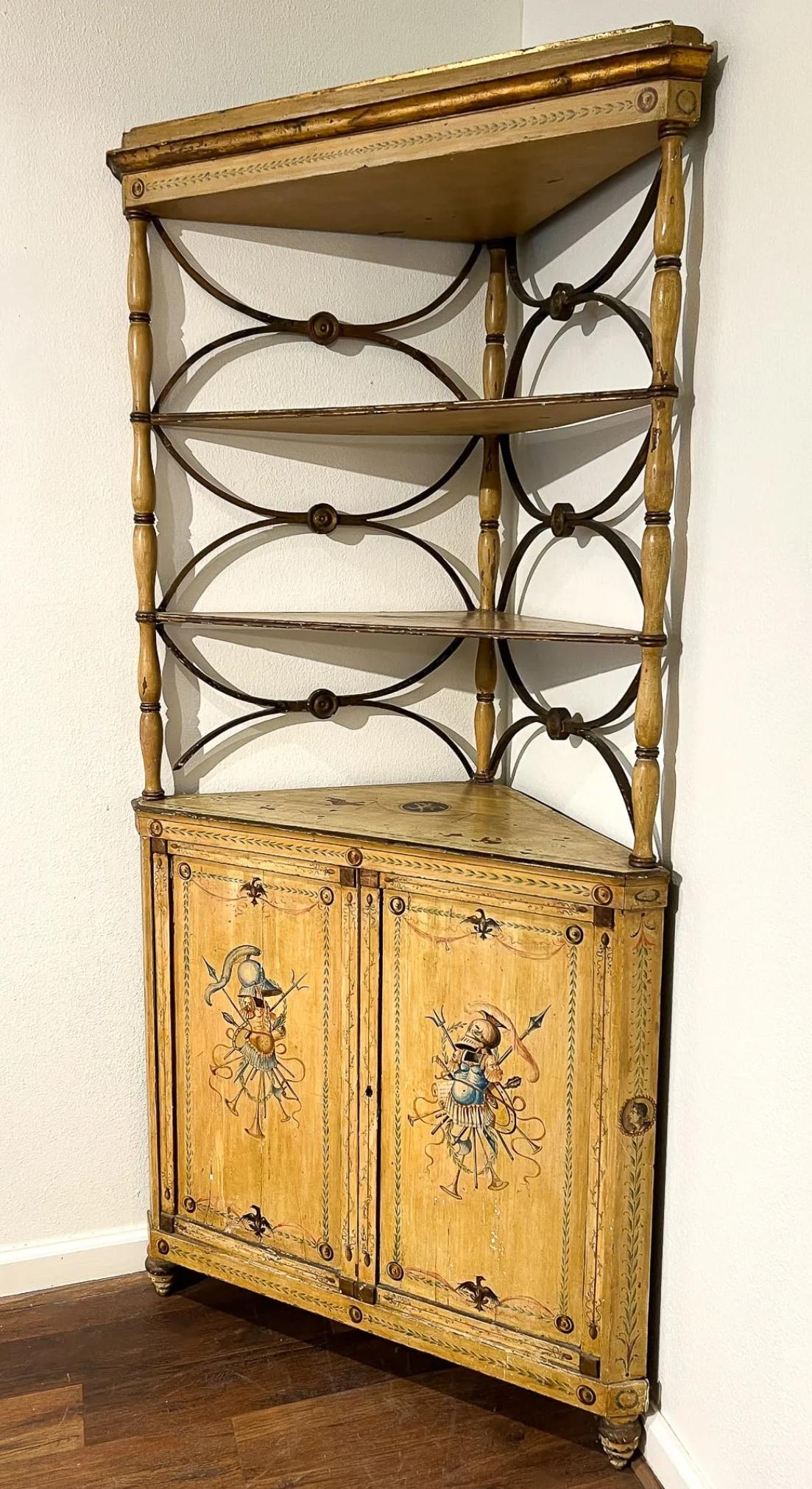 Wood Antique Lombardy Italian Neoclassical Painted Corner Etagere Cabinet For Sale
