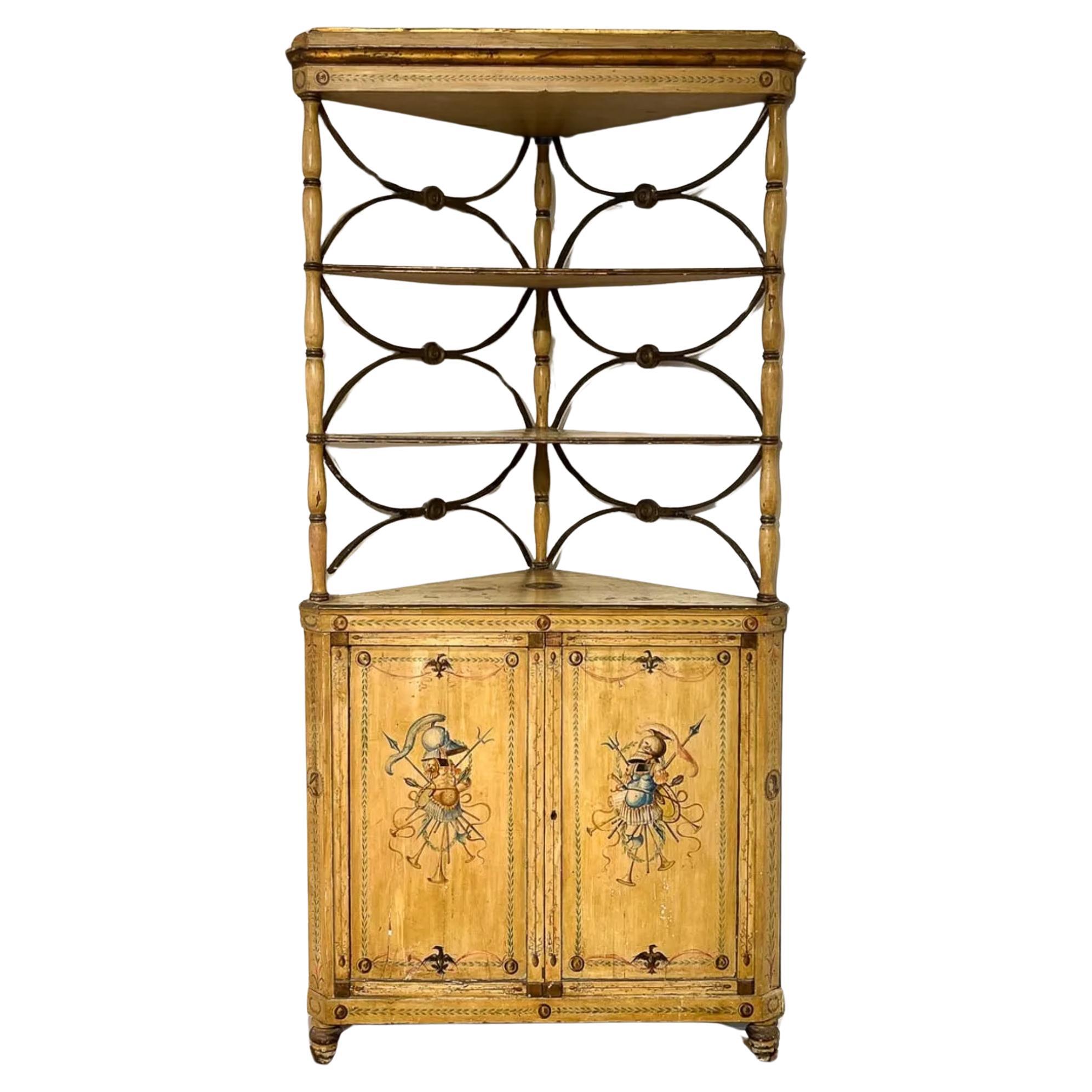 Antique Lombardy Italian Neoclassical Painted Corner Etagere Cabinet For Sale
